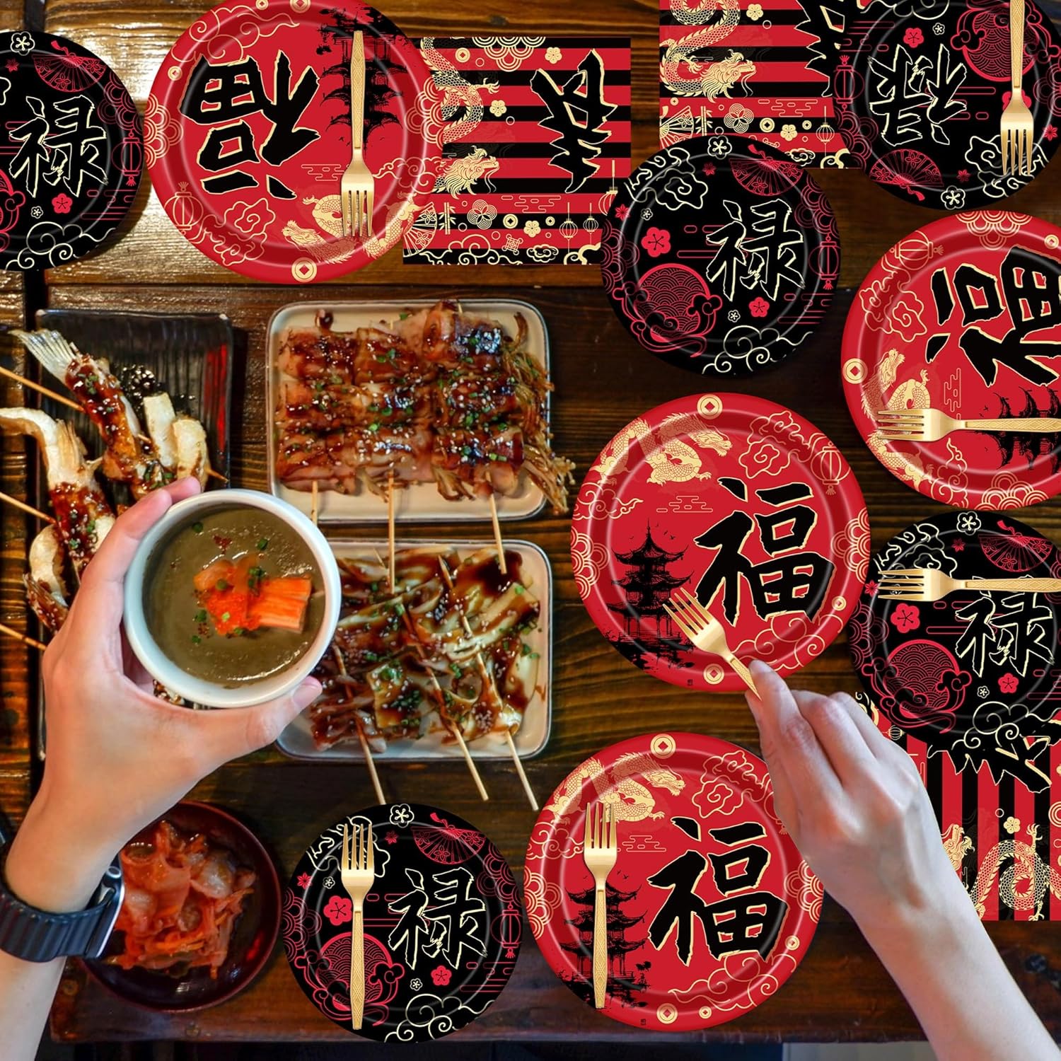 Hibachi Disposable Dinnerware Set Japanese Paper Plates Chinese Napkins Red Black Tableware Kit Spring Festival Party Supplies Decorations for Birthday Wedding Events - Image 7