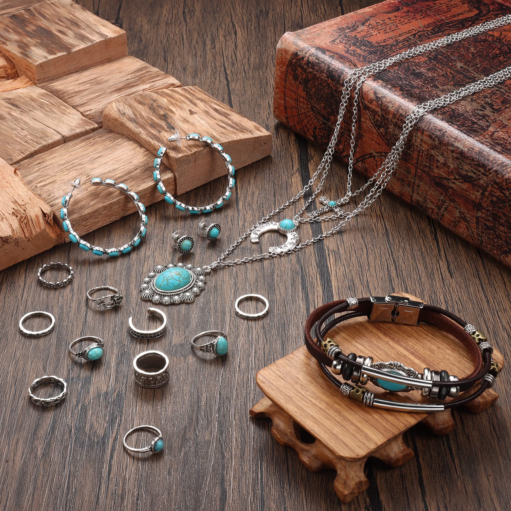 Milacolato Biżuteria zachodnia dla kobiet naszyjnik turkusowy wisiorek western drop kolczyki turkusowe sztuczne skórzane paski warstwowe Boho Knuckle Rings Set Bohemian Jewelry Set