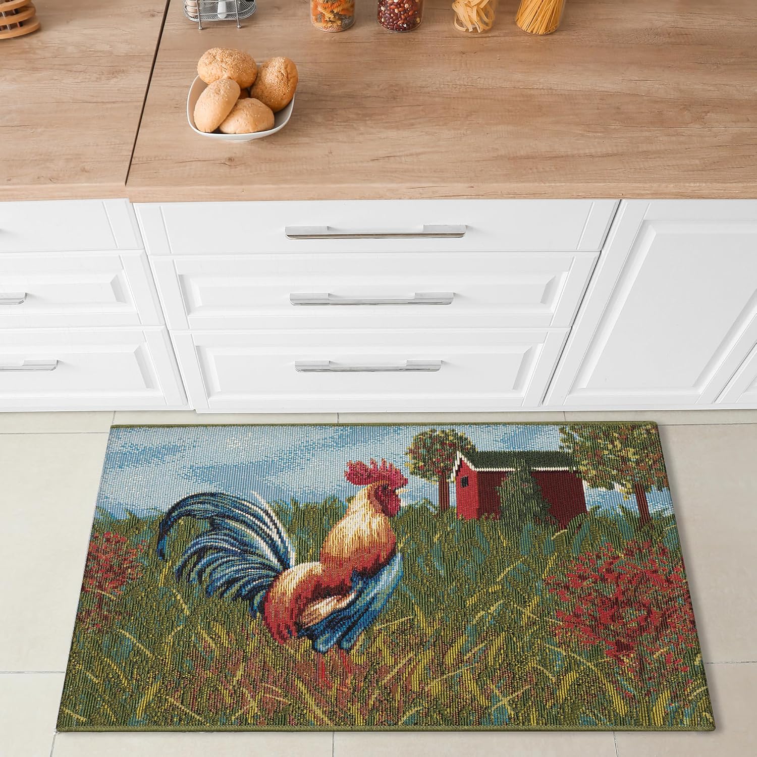 Liora Manne ESENCIA Indoor/Outdoor Power Loomed Latex Back Non Slip Mat - Transitional Whimsical (Rooster Farm Blue) (2' x 2'10")