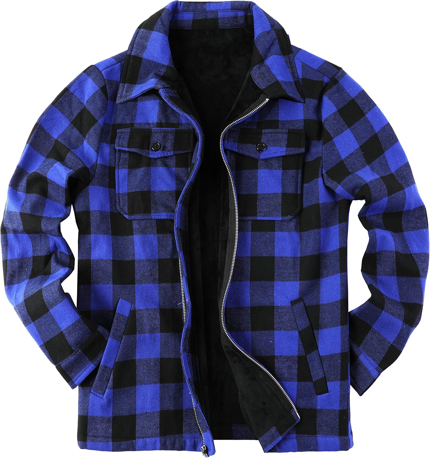 Mens Fleece Jacket Sherpa Lined Zip Up Buffalo Plaid Flannel Coat Casual Long Sleeve Warm Fall Winter Outwear