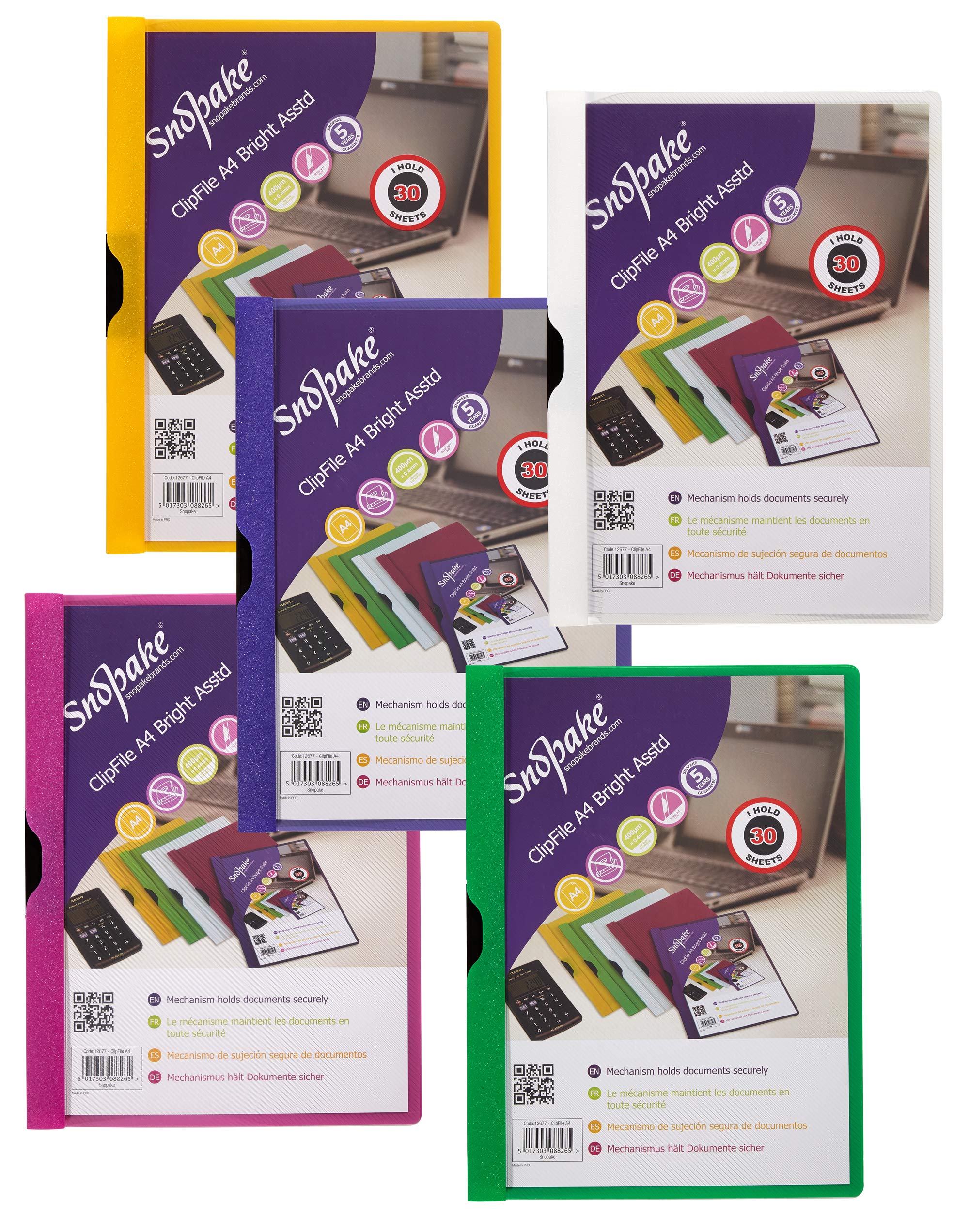 Snopake A4 4 mm Presentation ClipFile [Pack of 5] Bright Assorted [12677]