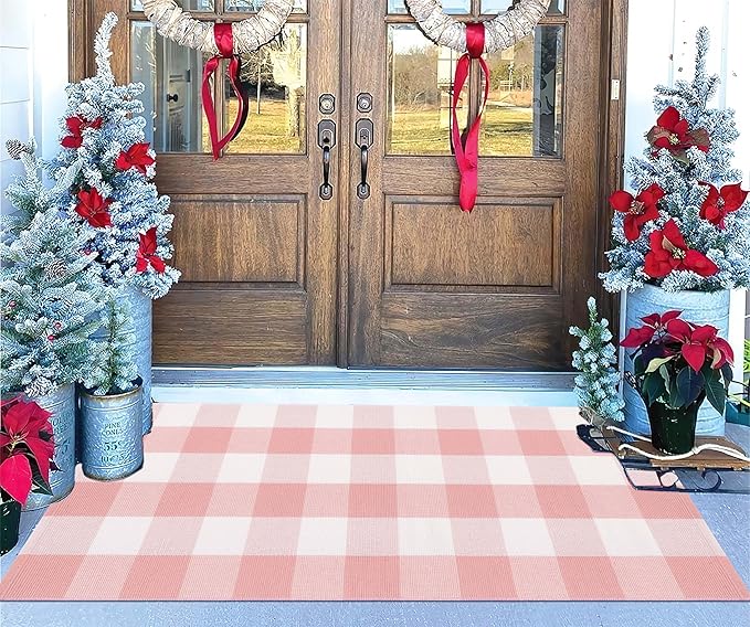 Alfombra exterior rosa y blanca 24x51 pulgadas cuadros algodón lavable miniatura 5