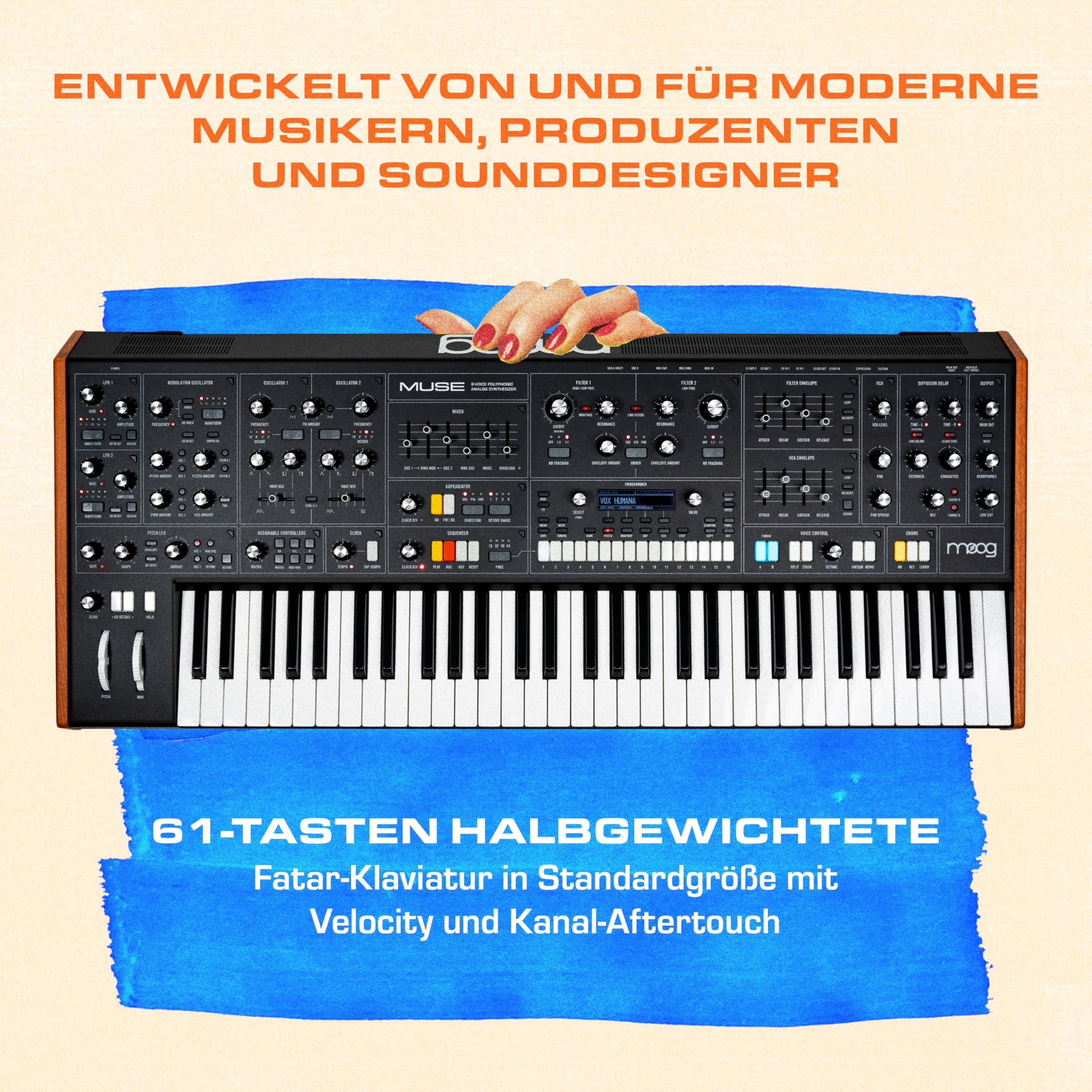 MOOG Muse 8-stimmiger analoger polyphoner Synthesizer | Bi-timbraler Synth, 61 Tasten, 64-Step-Sequencer, 256 Patches und Diffusion-Delay
