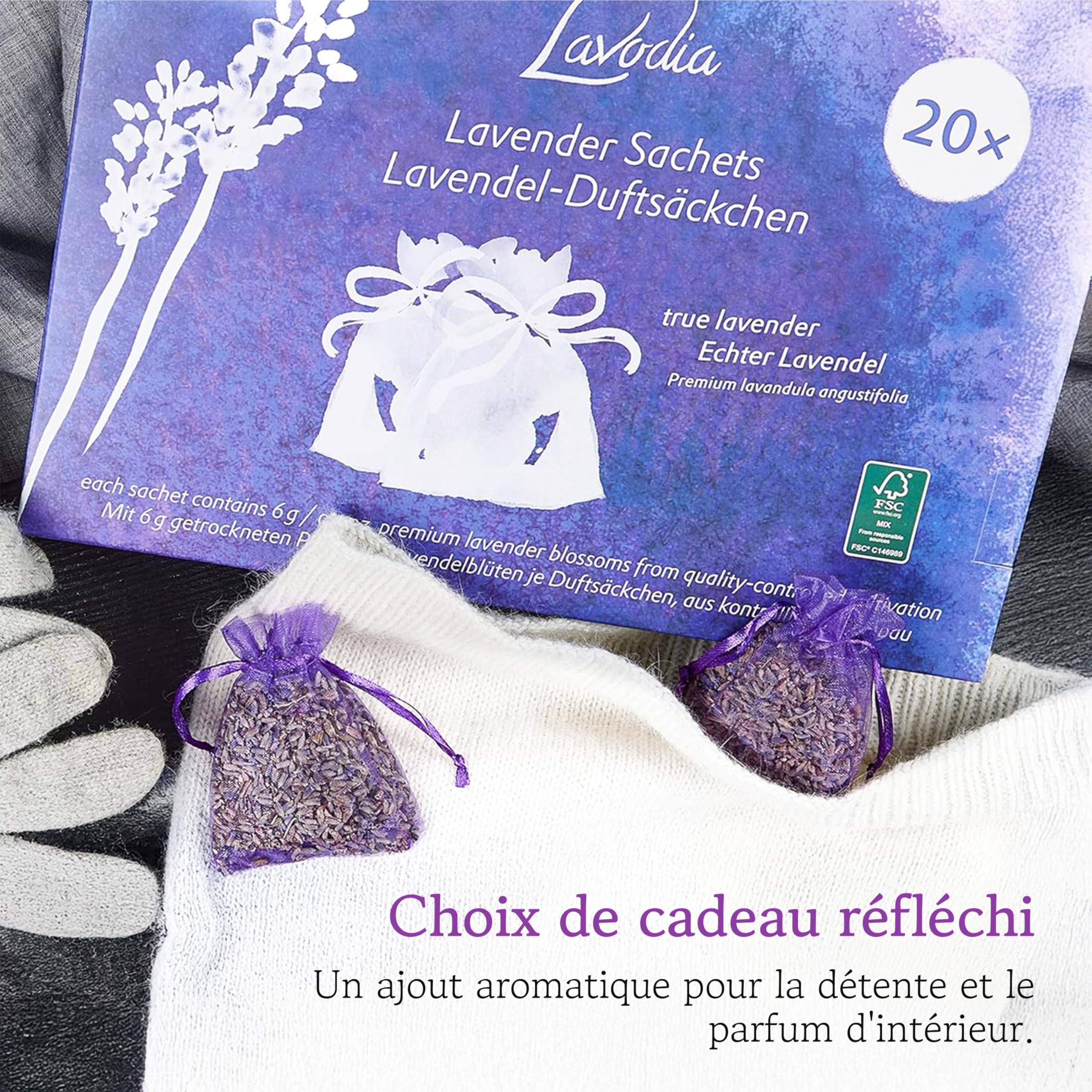 LAVODIA Sachets Parfumés Lavande - 20 Sachets de 6 g pour Armoire, Linge et Placard - Désodorisant Lavande Séchée pour Maison et Voiture - Parfum pour Une Fraîcheur Apaisante et Longue Durée