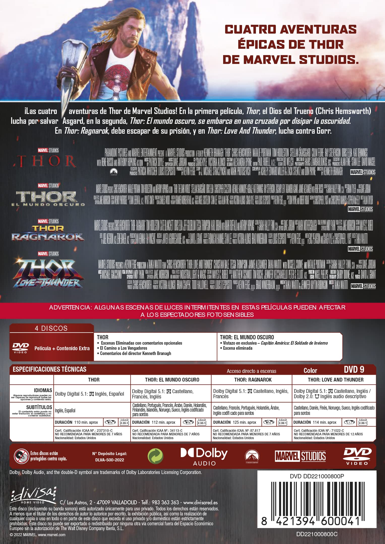Thor 1-4 (DVD) Pack 4 peliculas: Thor, El Mundo Oscuro, Ragnarok, Love and Thunder