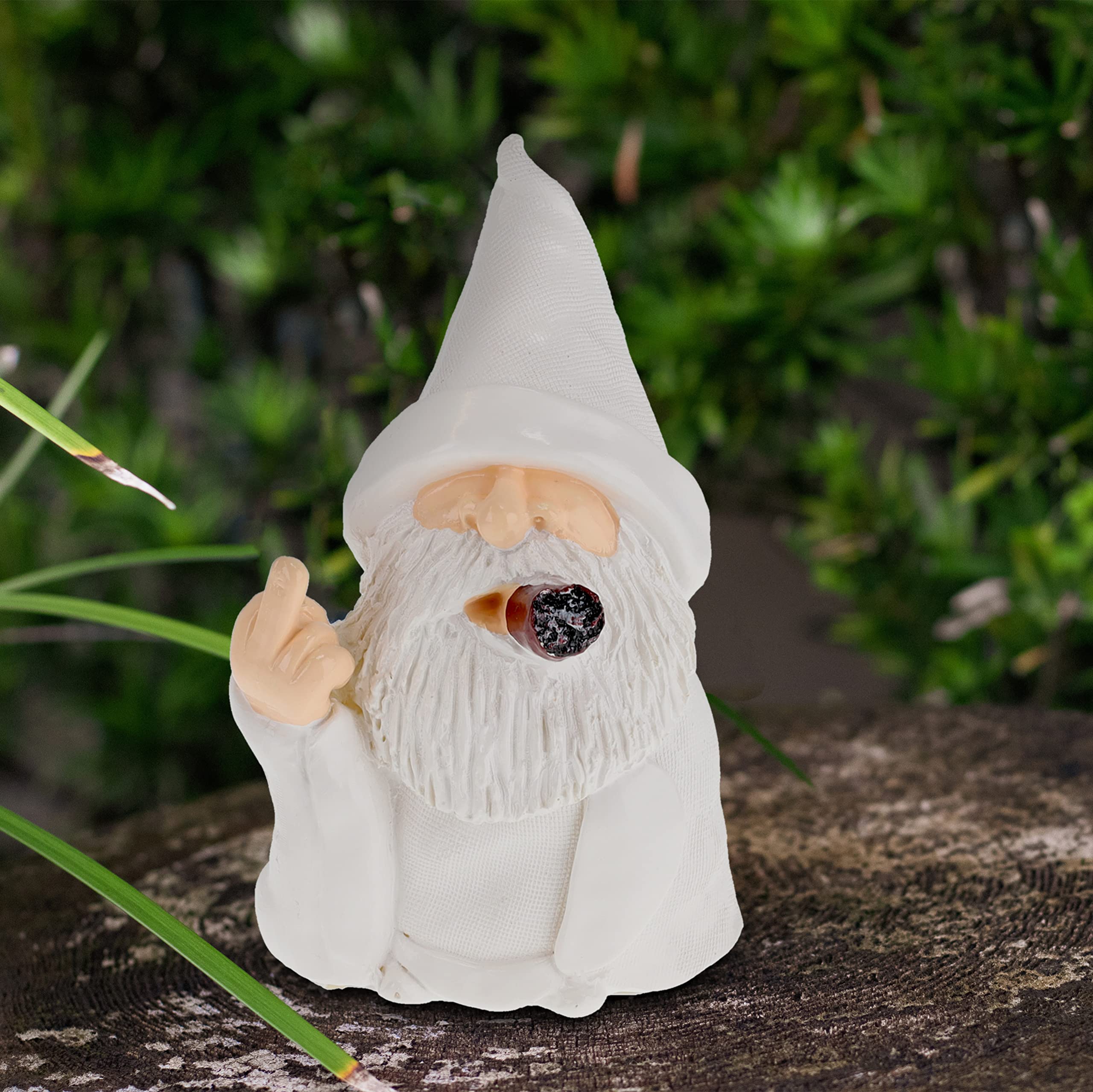 Relaxdays Gnomo de Jardín Sacando el Dedo, Resistente Intemperie y Heladas, Figura Enano Enfadado, Piedra Falsa, Blanco, Polirresina, 15 x 9 x 7 cm