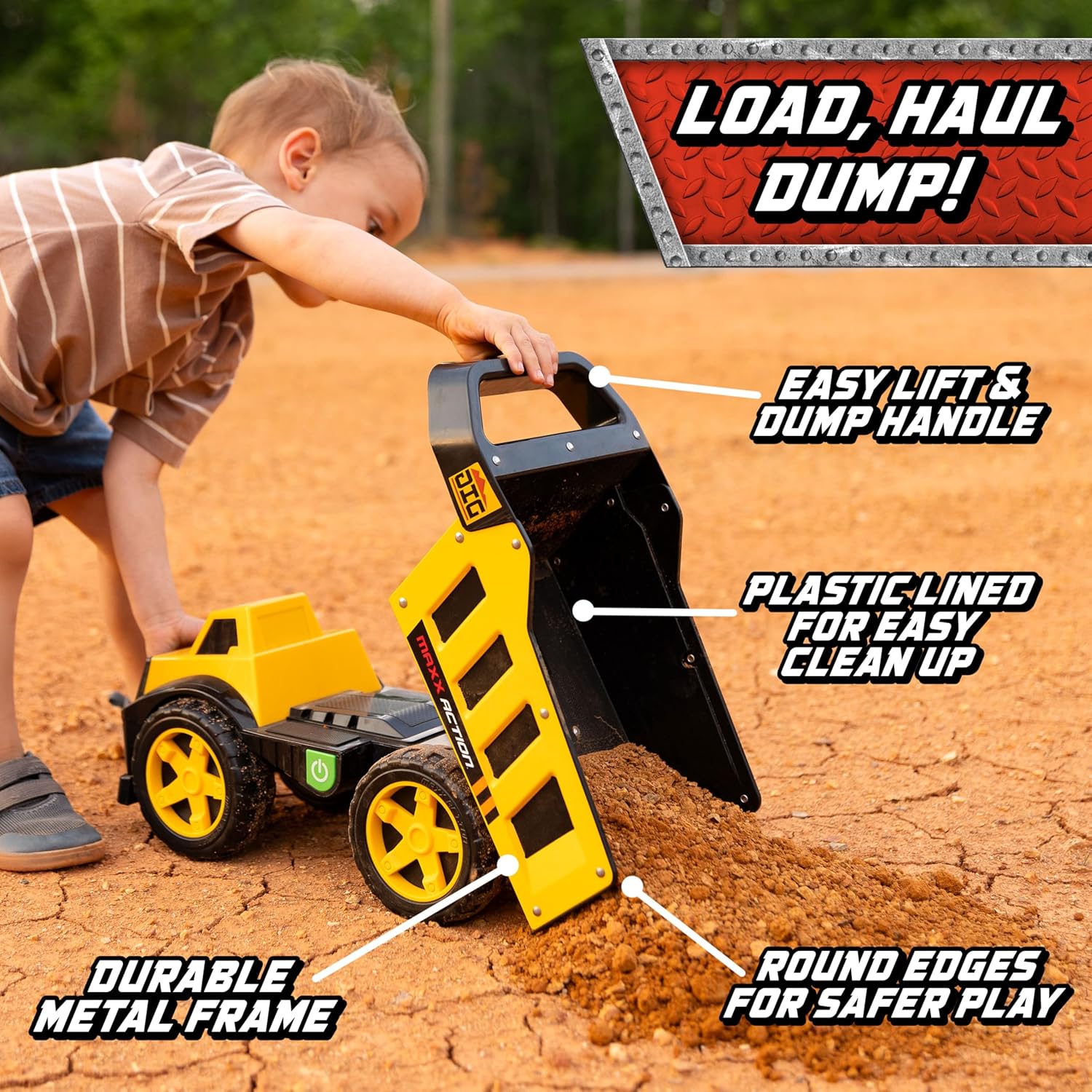 Maxx Action 16" Steel Dump Truck, Realistic Lights & Sounds, Heavy Duty Metal Truck Bed, Extra Large Wheels, Rugged Construction Vehicle Toy for Kids, Ages 3+, Indoor and Outdoor Play