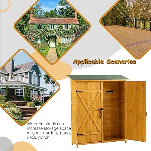 Miniatura 10 de EMKK Cobertizo de almacenamiento de jardín de 64 pulgadas de alto, armario de almacenamiento de herramientas de jardín, organizador de cobertizos de