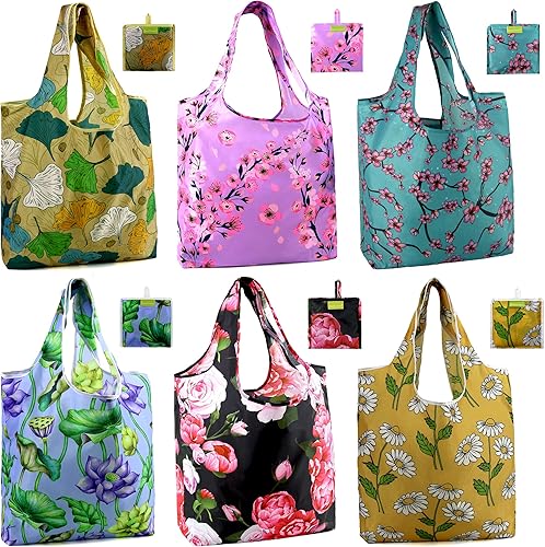 BeeGreen Bolsas de mano florales plegables reutilizables con flores, bolsas grandes para compras de comestibles, bonitas bolsas de vacaciones con