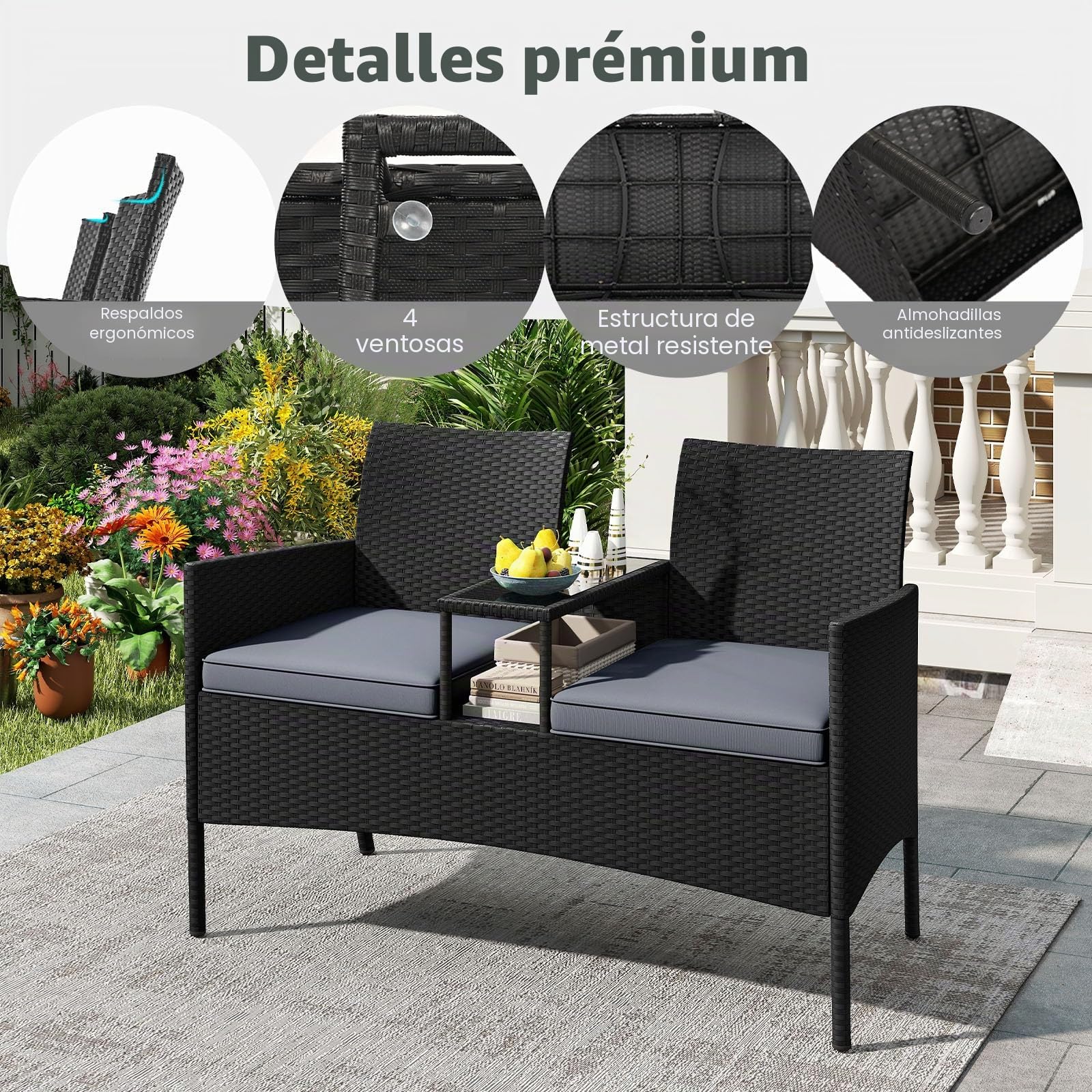 LIFEZEAL Banco de jardín de ratán con Mesa para 2 Personas (Gris)