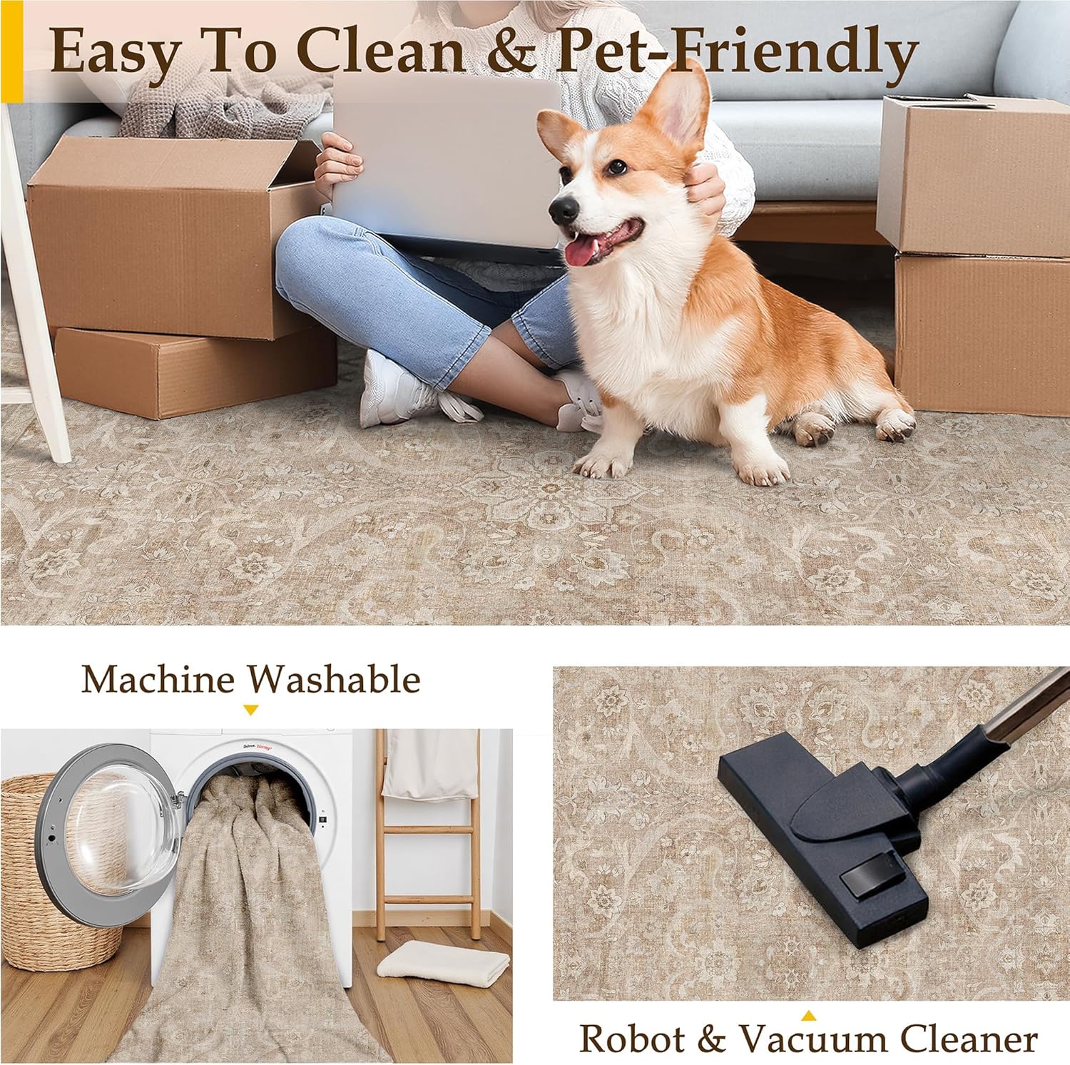 Brown 8x10 Area Rug Washable Living Room Vintage Carpet Bedroom Large Indoor Non Slip Soft Low Pile Thin Stain Resistant Distressed Accent Throw Rug for Dining Office Nursery - Image 2