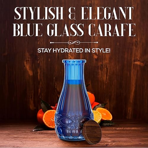Miniatura 2 de Elle Decor Jarra de vidrio azul con tapa de madera, jarra de bebidas para agua, jugo, té helado y barra de mimosa - Recipiente para bebidas