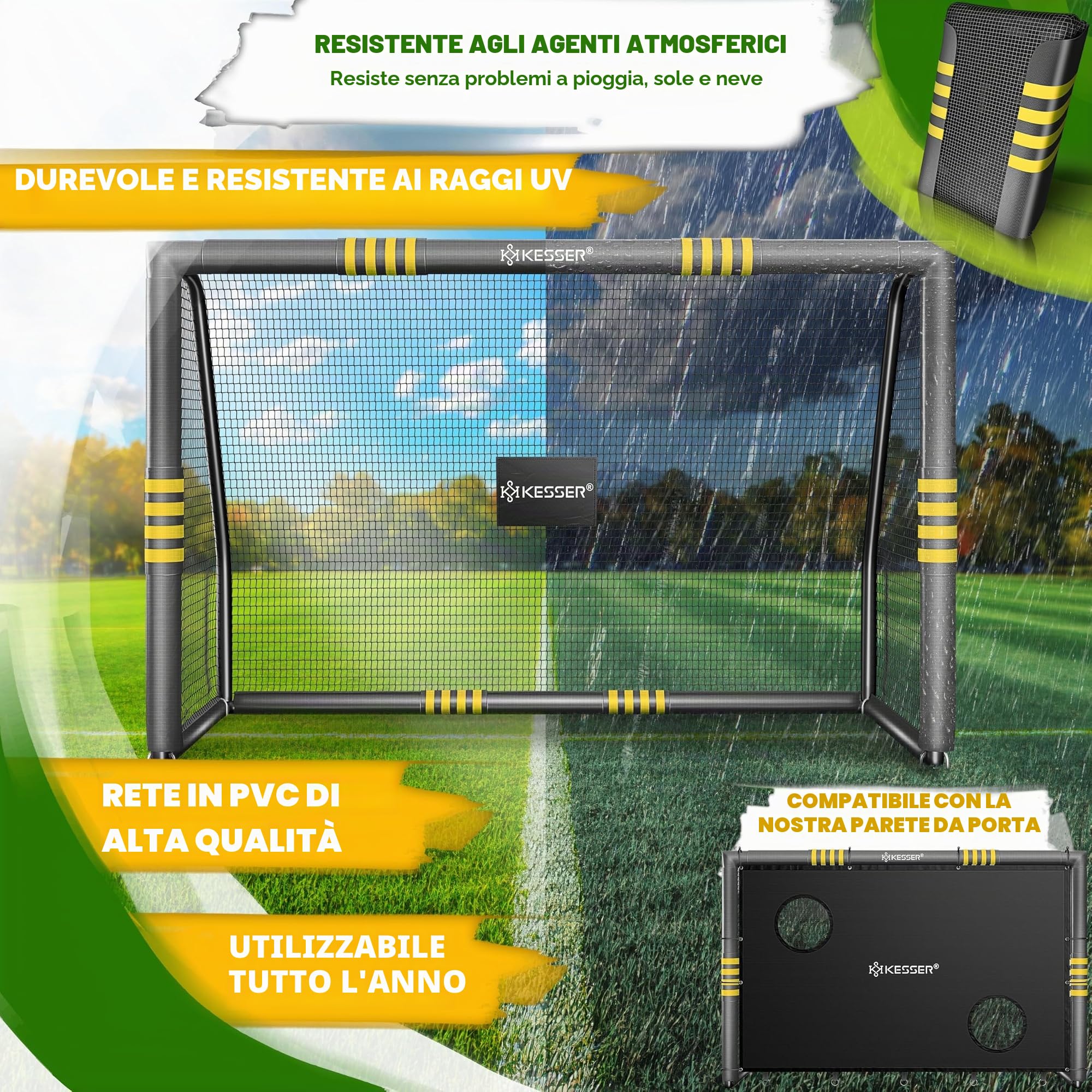 KESSER® Porta da calcio – Porta da calcio di alta qualità 300 cm, allenamento tiro allenamento rete resistente ai raggi UV, telaio in acciaio con imbottitura, picchetti per terra, pompa ad aria, coni