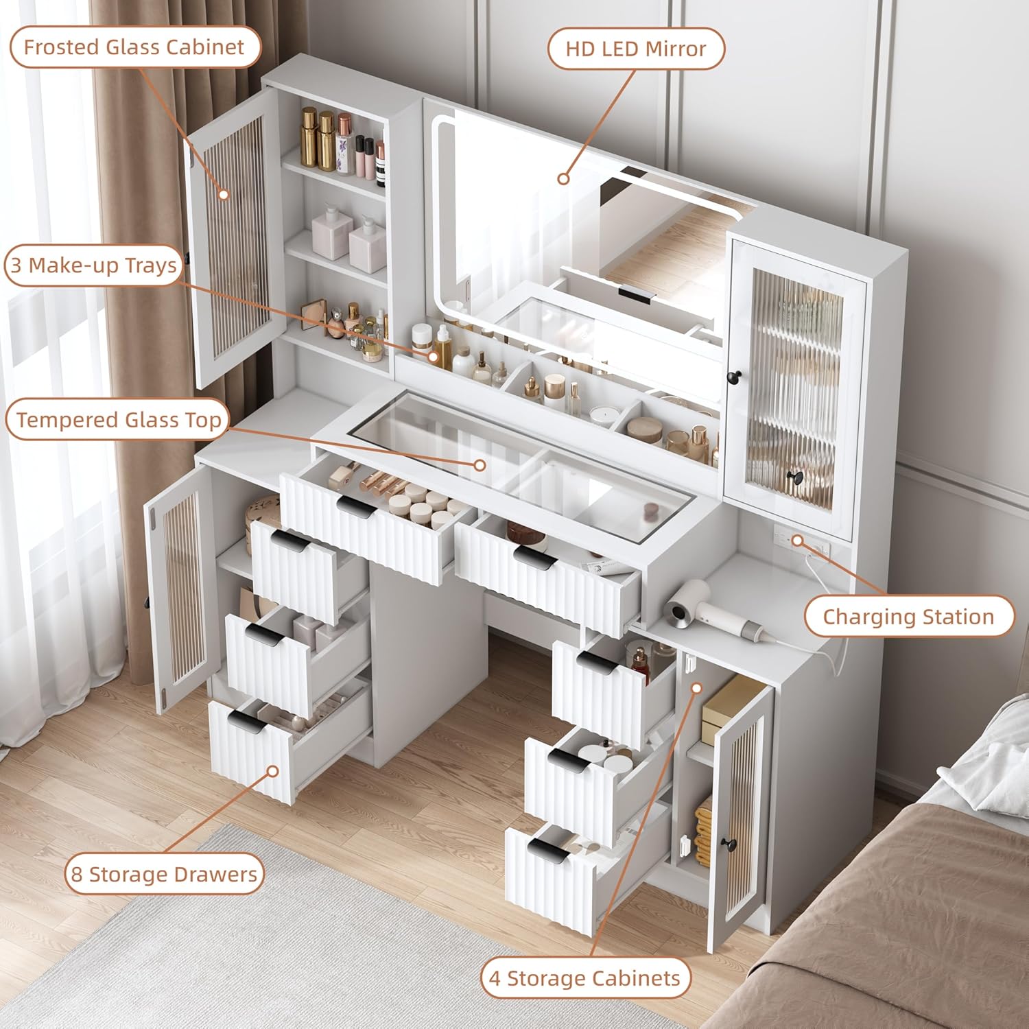 55" Vanity Desk with Mirror & Lights, Fluted Makeup Vanity with 8 Drawers & 4 Cabinets, Tempered Glass Top, RGB Cabinet Lighting, 3-Color Dimmable Mirror, and Charging Station