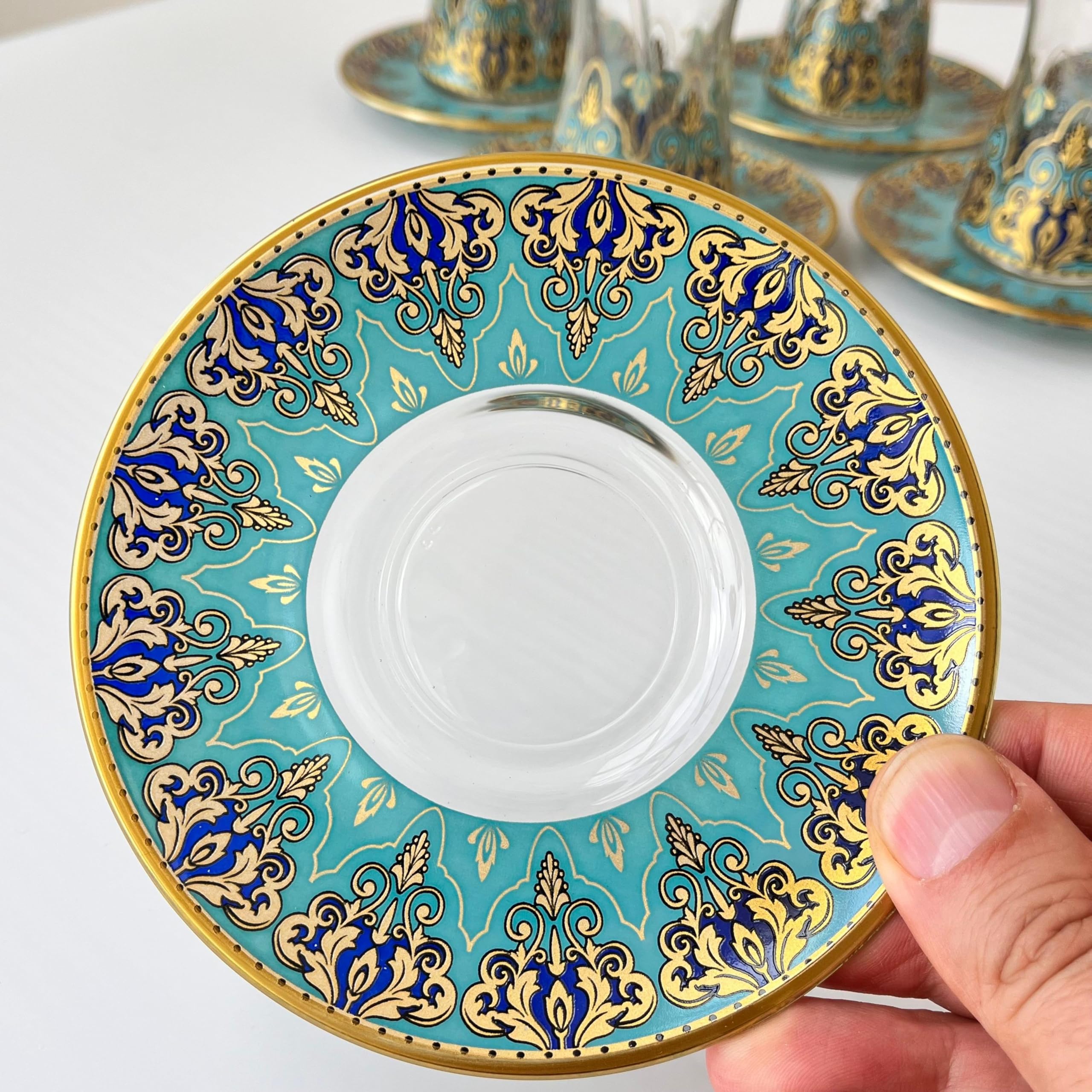 Vasos de té turco hechos a mano con platillos, tazas de té turco antiguas, juego de 6 vasos de té vintage, vasos de té árabe, vasos elegantes árabes para fiestas de mujeres, vidrio persa y