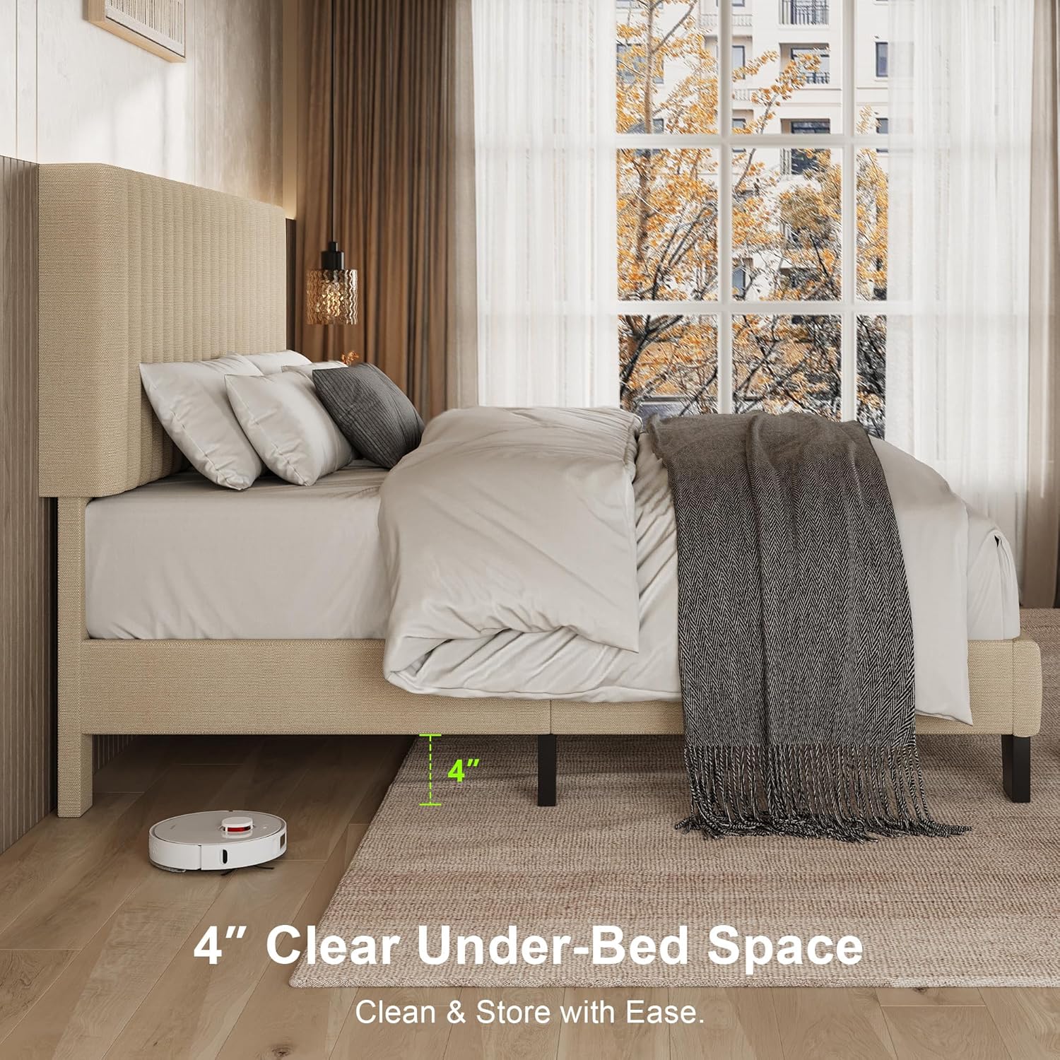 Einhomn Queen Size Bed Frame with Headboard, Upholstered Linen Platform Bedframe with Solid Wooden Slats, Noise-Free, No Box Spring Needed, Easy Assembly, Beige