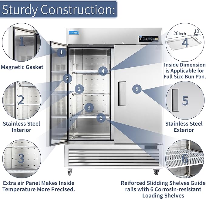 54" W Commercial Refrigerator Reach-in 49 Cu.ft 2 Solid Door Stainless Steel Commercial Refrigerator Fan Cooling for Restuarant, Bar, Shop, etc