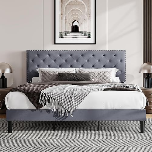 Miniatura 47 de Allewie Base de cama tapizada de terciopelo de tamaño matrimonial con botón de diamante ajustable y cabecera con ribete de clavos, soporte de Azul