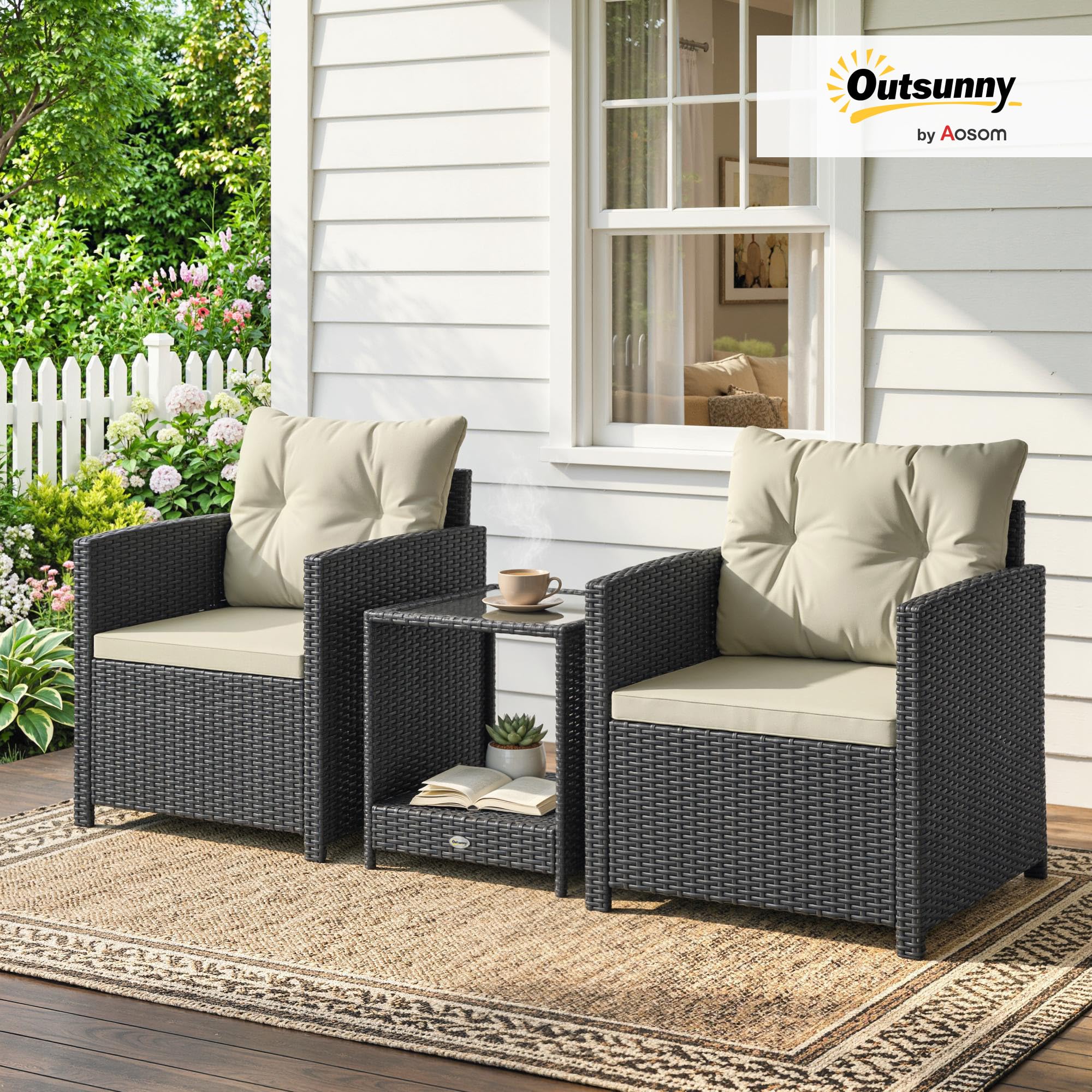 Outsunny 3 Piece Wicker Patio Furniture Set, PE Rattan Outdoor Bistro Set with Armchairs, 2-Tier Glass-Top Table, Cushions, Outdoor Conversation Furniture for Porch Balcony, Beige - 2