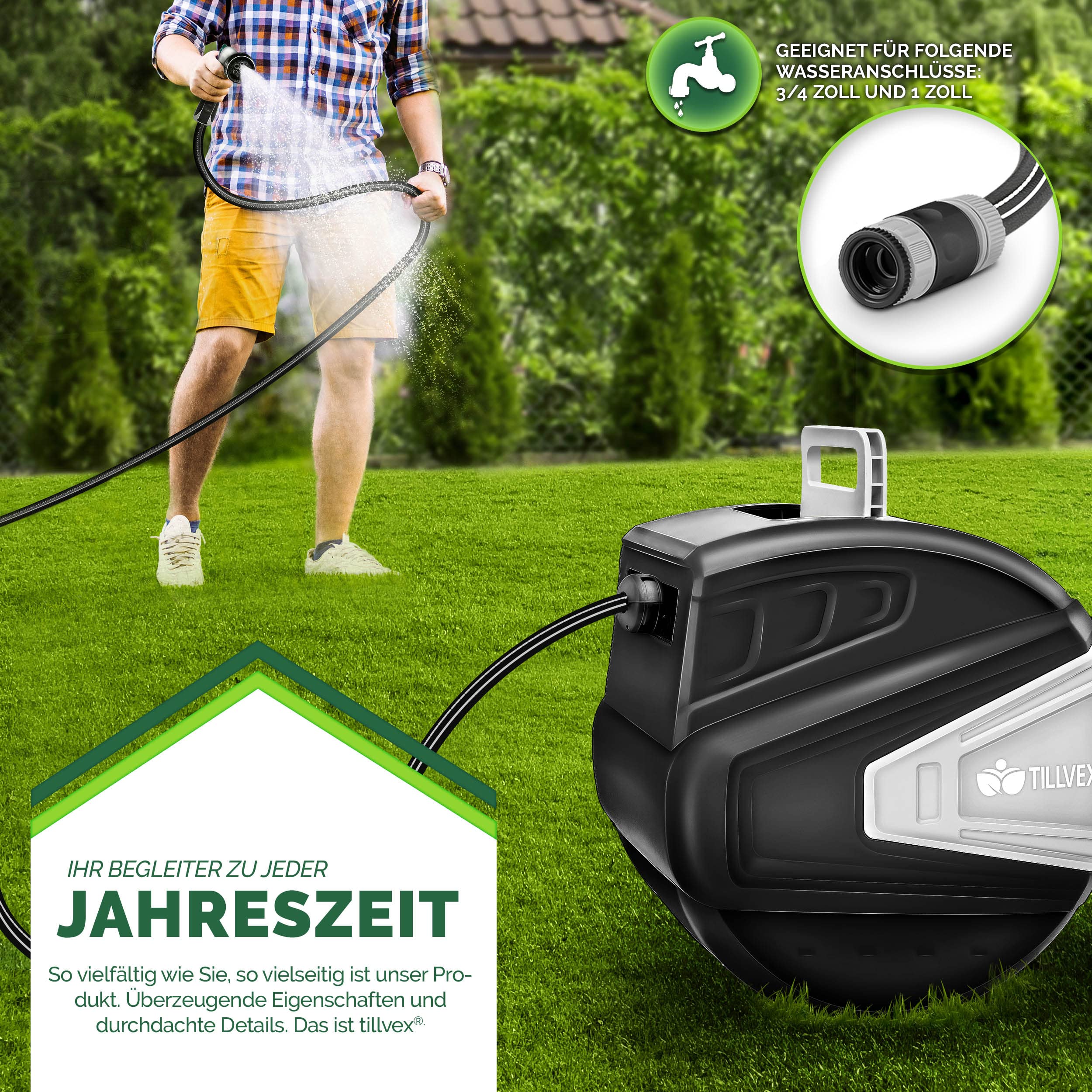 tillvex Bęben na wąż wodny z uchwytem ściennym + uchwyt do noszenia | Zwijacz węża z słuchawką prysznicową i wężem ogrodowym | Obracany o 180° | Ścienna skrzynka na wąż z automatycznym zwijaniem