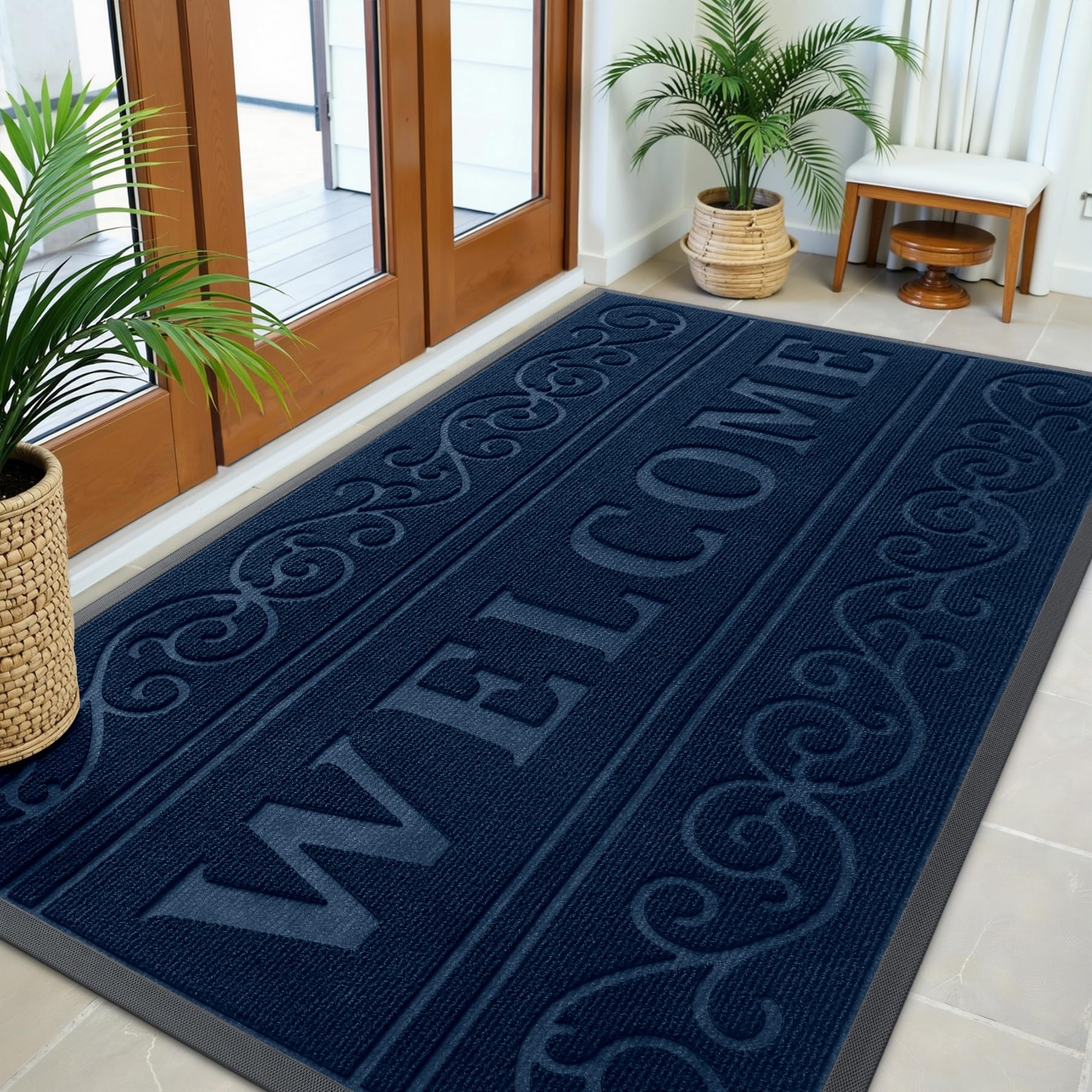 OLANLY Welcome Door Mat Indoor Outdoor 59x35, Heavy-Duty Rubber Doormat | Navy Blue, Waterproof All-Weather, Stain Resistant, Low-Profile Floor Mat for Patio, Entrance and Entryway, Easy to Clean