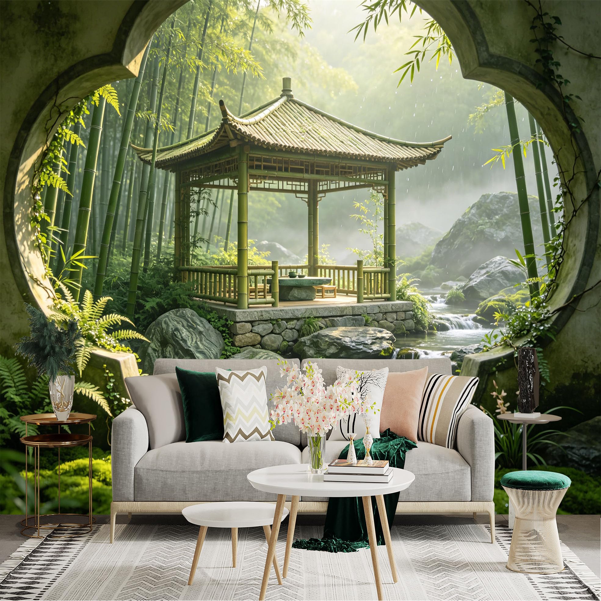 Custom Size Wall Sticker Mural， Tranquil Bamboo Garden with Pavilion and Flowing Stream， for wall Decoration， peelandstick wall Decals.