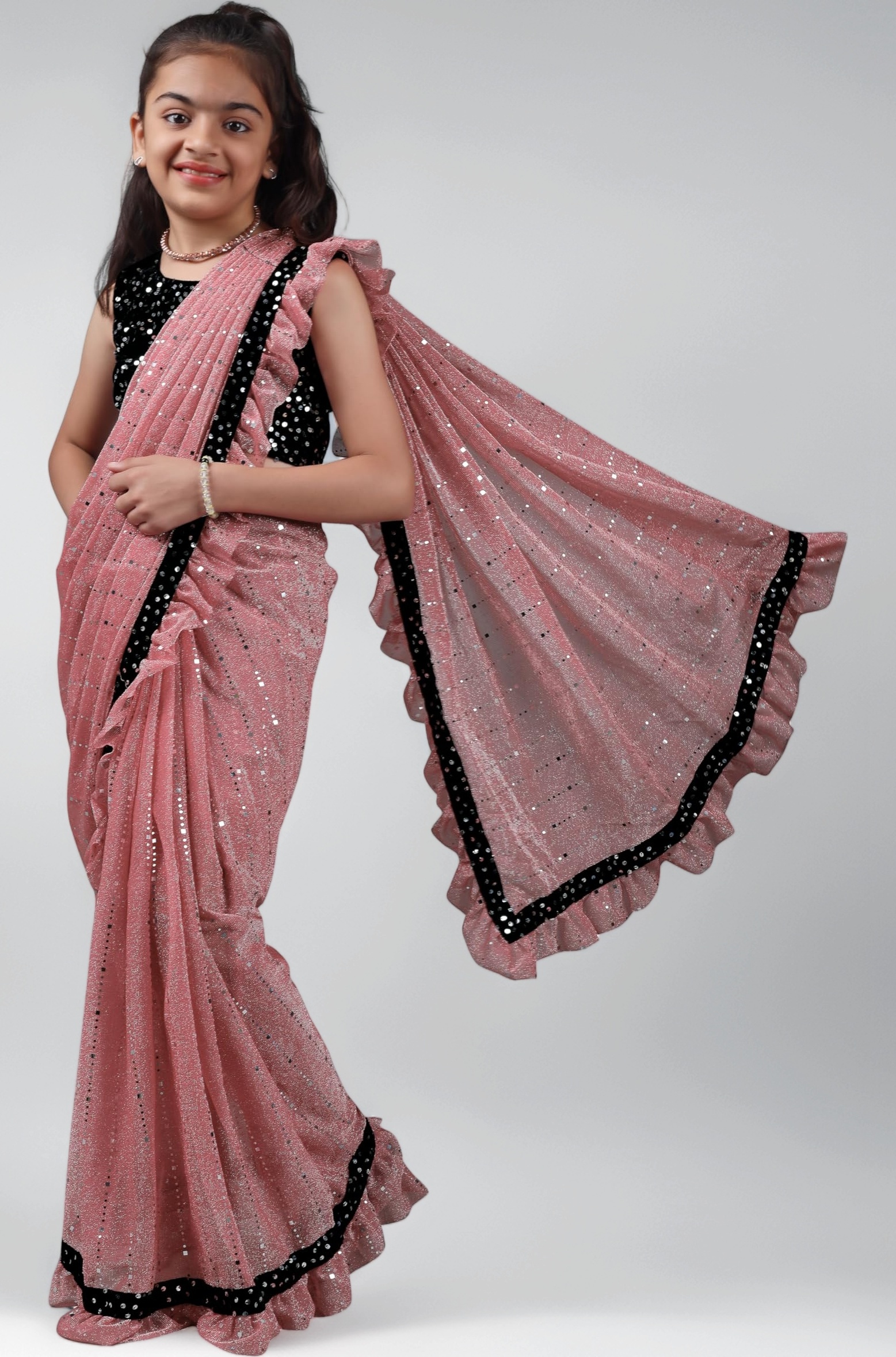 NILKANTHVARNI CREATION Kids Girls Lycra Blend Saree With Unstitched Sequence Blouse Piece (3-4 yrs to 11-12 yrs) (Pink, 4-5 Years - S)