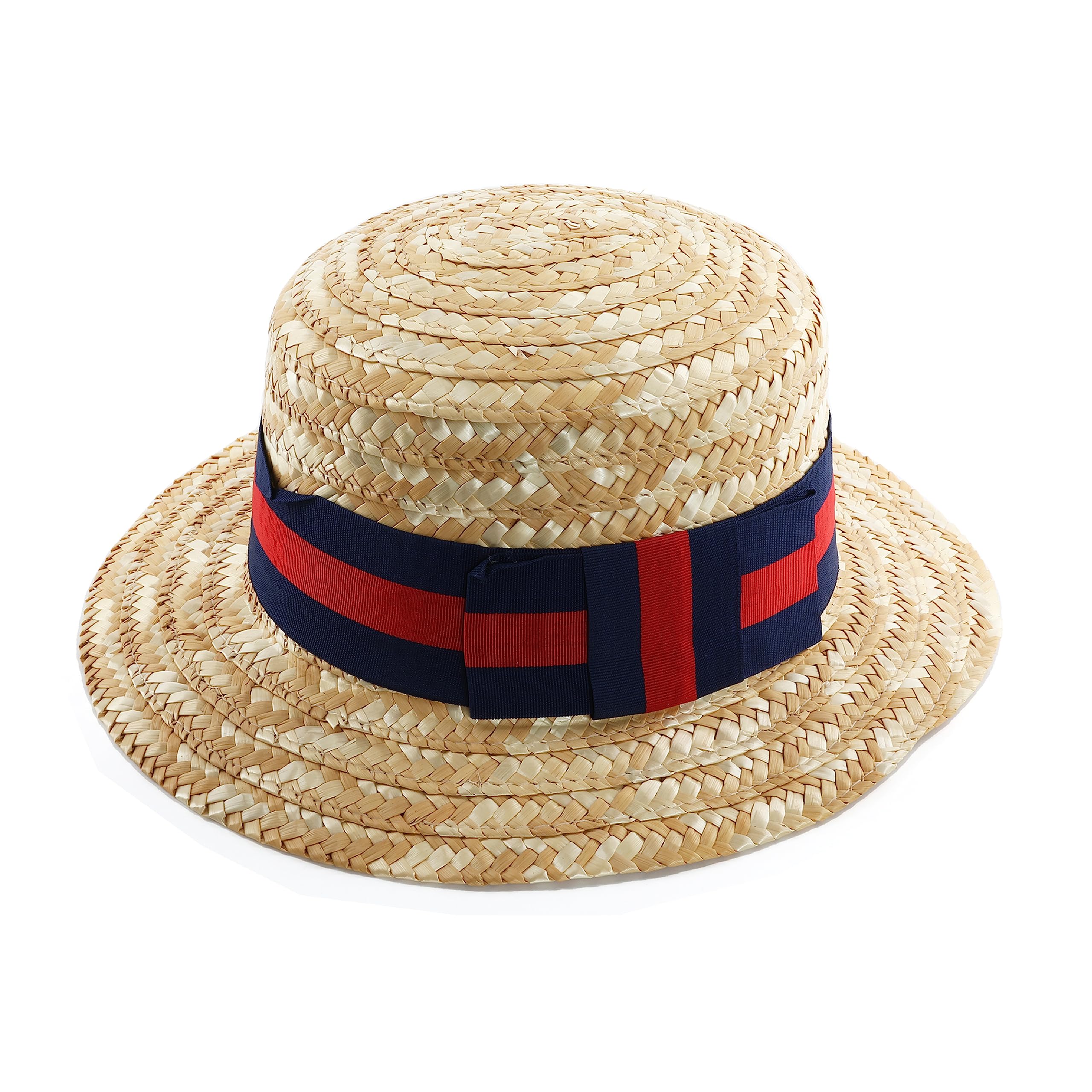 Straw Boater Hat with Blue & Red Ribbon – Edwardian Barbershop Style Summer Hat for Men & Women – Fancy Dress Accessory in 6 Classic Styles