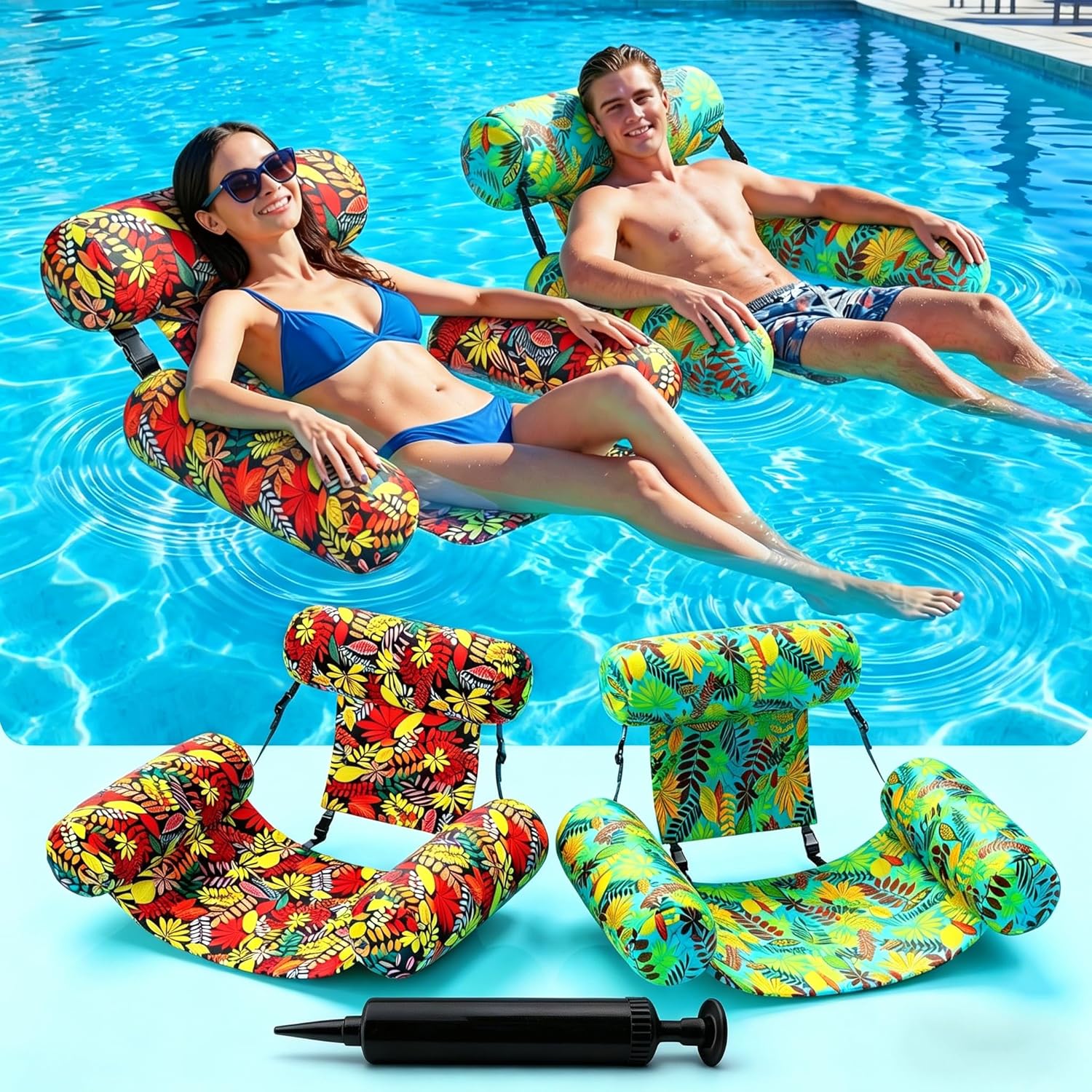 Inflatable Pool Floats for Adults ，2 Pack Floating Lounge Chair & Pool Noodle, Thickened Durable Design with Air Pump, Ideal for Summer Pool Parties, Beach & Lake Relaxation
