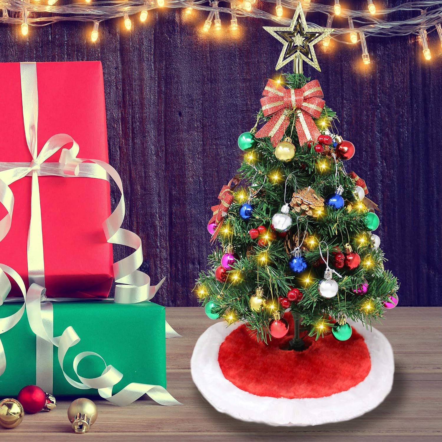 24" Prelit Tabletop Christmas Tree with Tree Skirt and Decoration Kits, 50-Count Lights pre-Lighted Artificial Mini Christmas Tree for Christmas Tabletop décor
