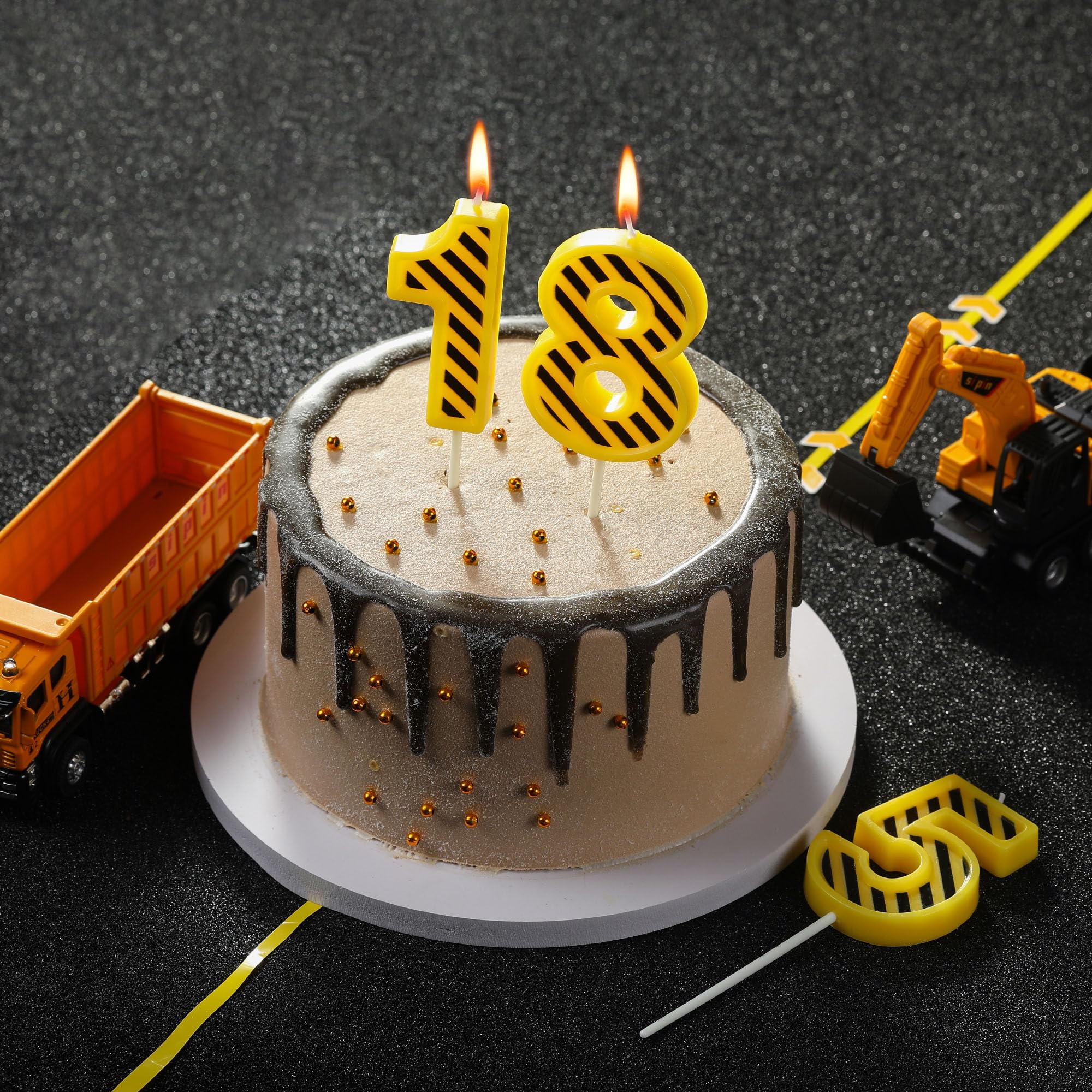 PHD CAKE 7,9 cm Zahl 3 Bau-Geburtstagskerzen, gelbe und weiße Streifen Zahlenkerzen, Kuchenzahlenkerzen, Partyfeier