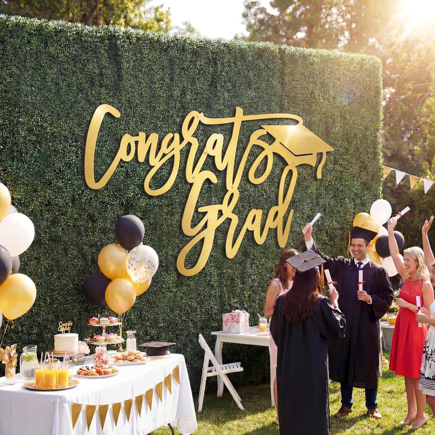 35.4 x 23.6 Large Gold Metal Congrats Grad Sign Outdoor Congrats Grad Backdrop with Graduation Cap for Party Wall Decor Photo Props Class of 2026 High School Celebration for Indoor Outdoor