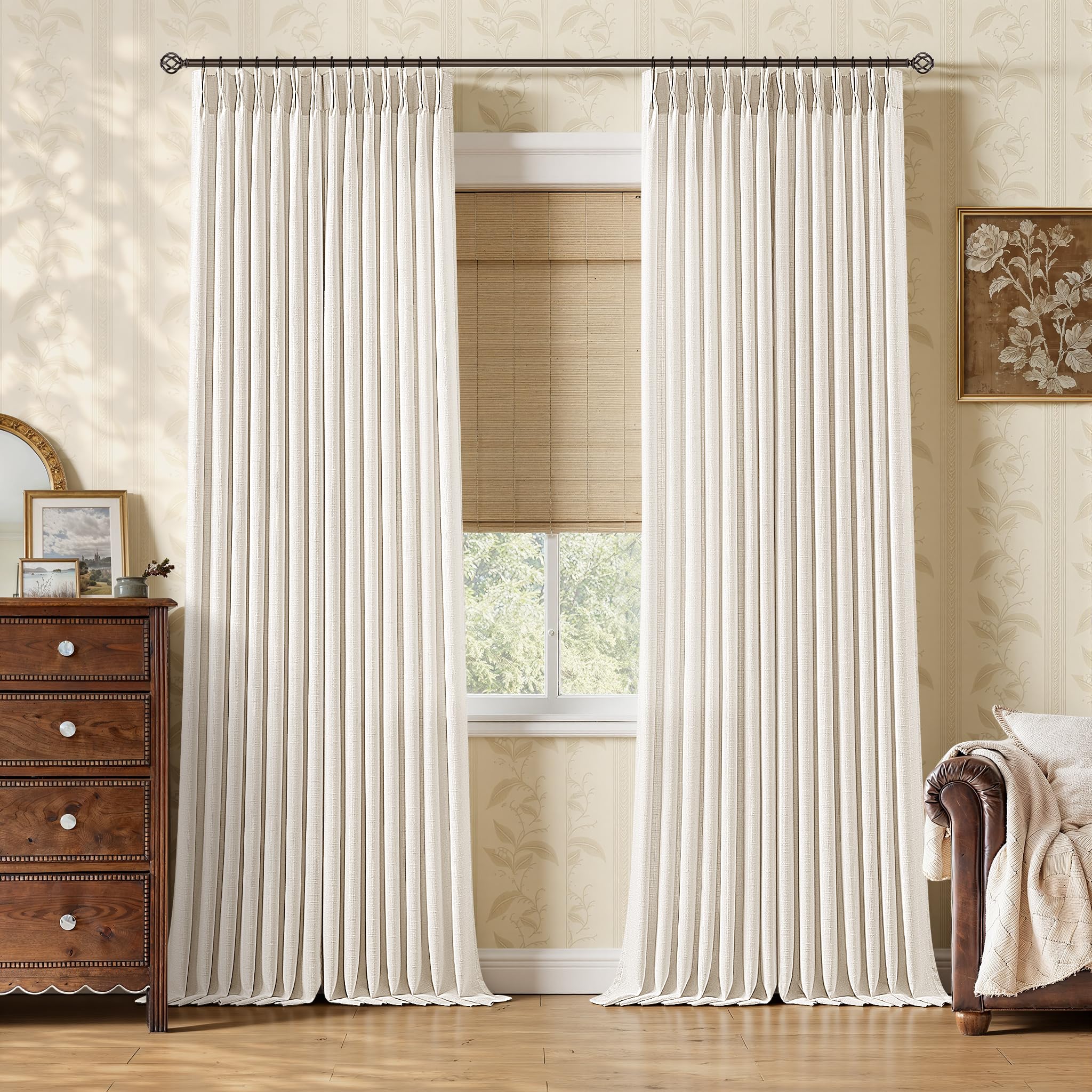 Photo 1 of 112 Inch Long Pinch Pleat Curtains 2 Panels Set Natural Cream Light Filtering Back Tab Linen Textured Drapes for High Living Room Sliding Door 112 Inches Farmhouse Semi Sheer Extra Long Door Curtains