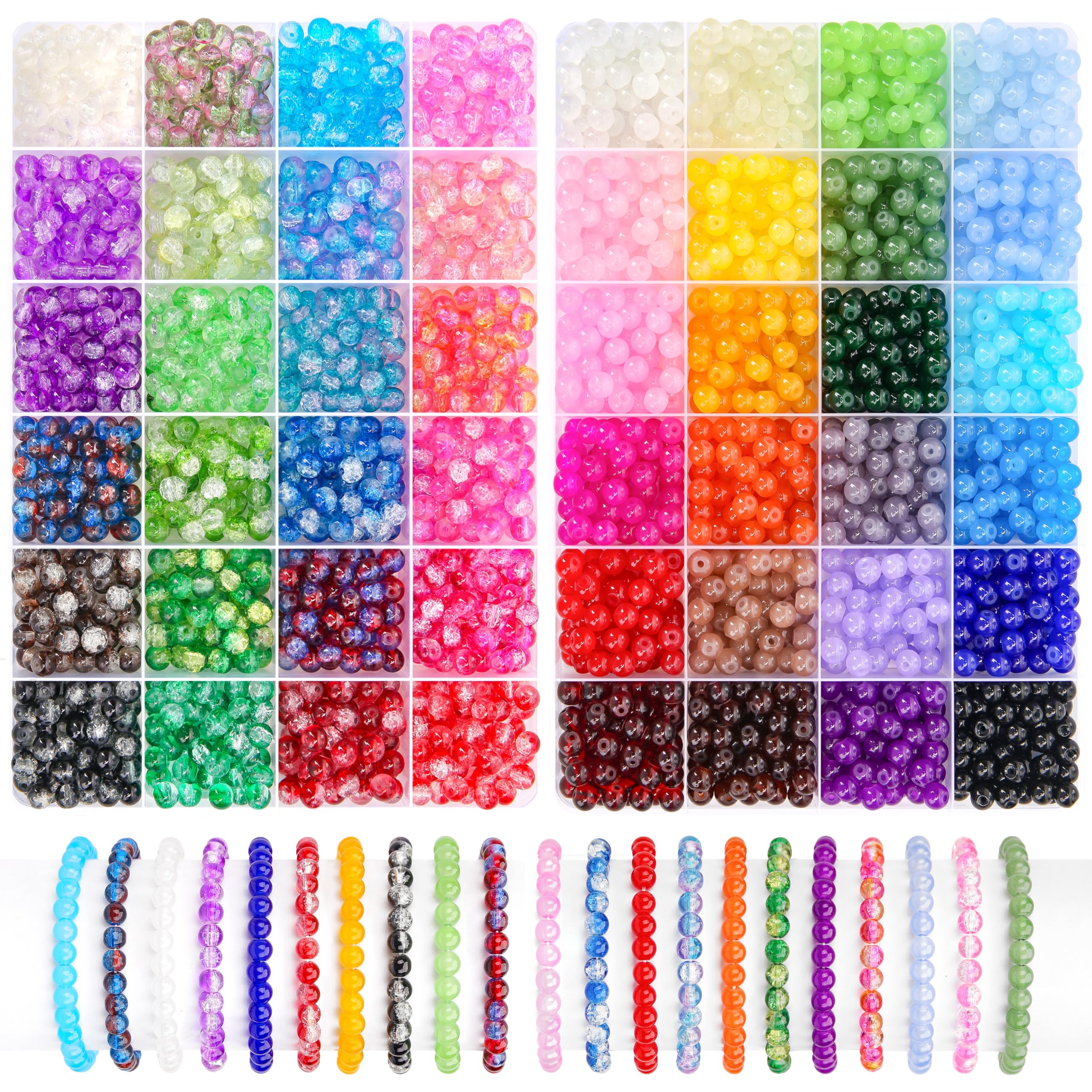 BONNY BOXX 2880 PCs 6mm Round Glass Beads for Jewelry Making, Bulk Crystal Beads in 48 Assorted Colors, Crackle Glass Beads for Bracelets, Necklaces,