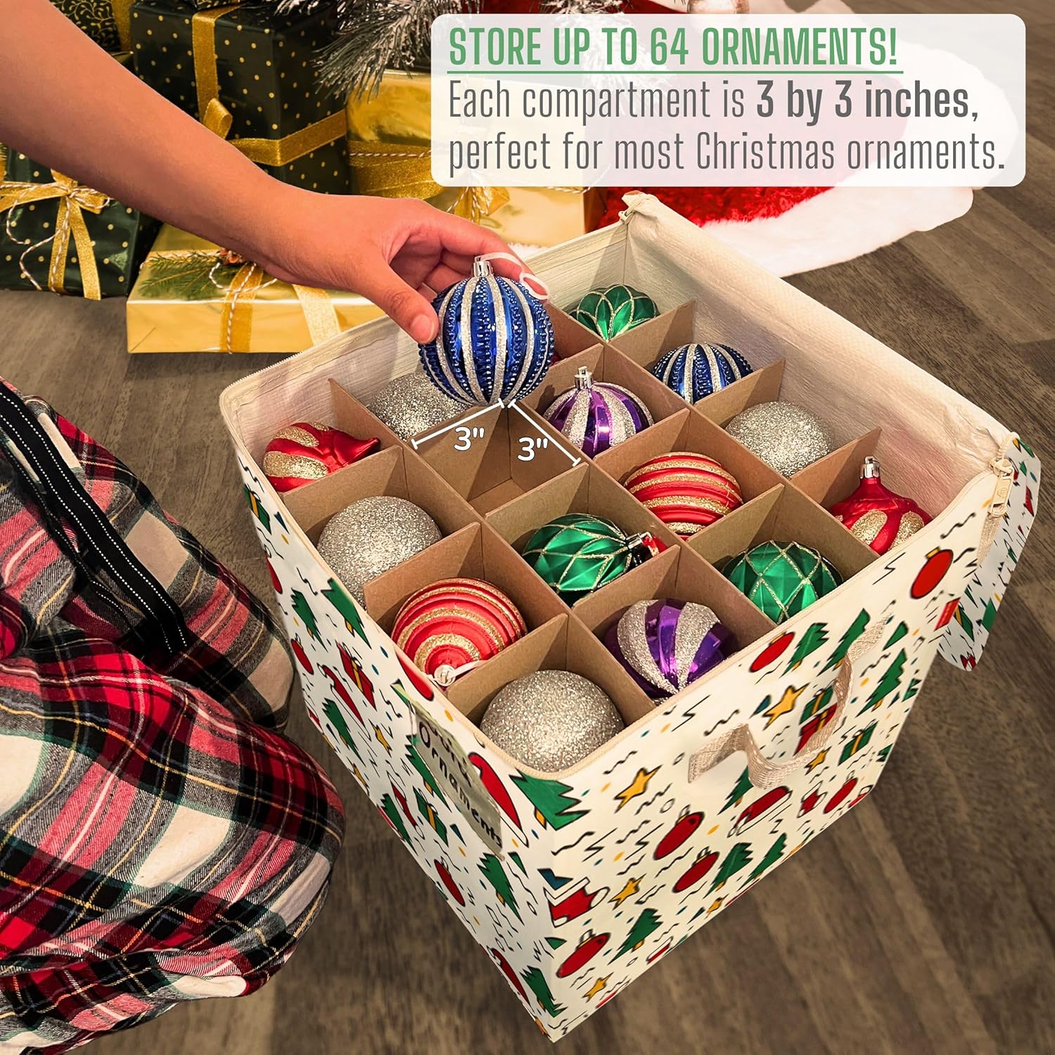 VENO 2 Pack Christmas Ornament Storage Box, Stores up to 64 Holiday Ornaments, Adjustable Dividers, Zippered Top, Storage bins with lids for holiday decorations-3 Inch Cube Compartments (Jingle Mix) - Image 3