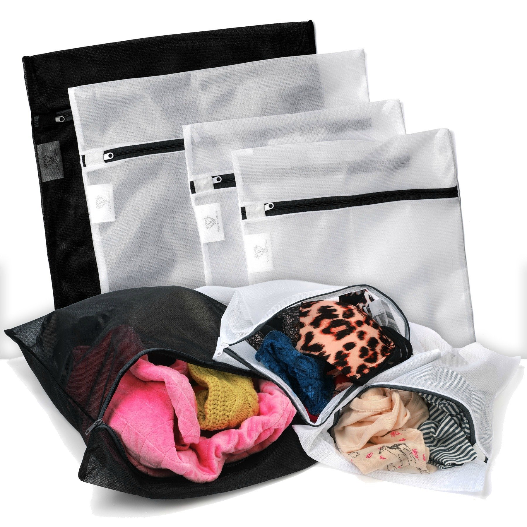 Delicates Laundry Bags - Set of 4 Mesh Wash Bags for Lingerie and Laundry, 2 Large and 2 Small, Black and White.