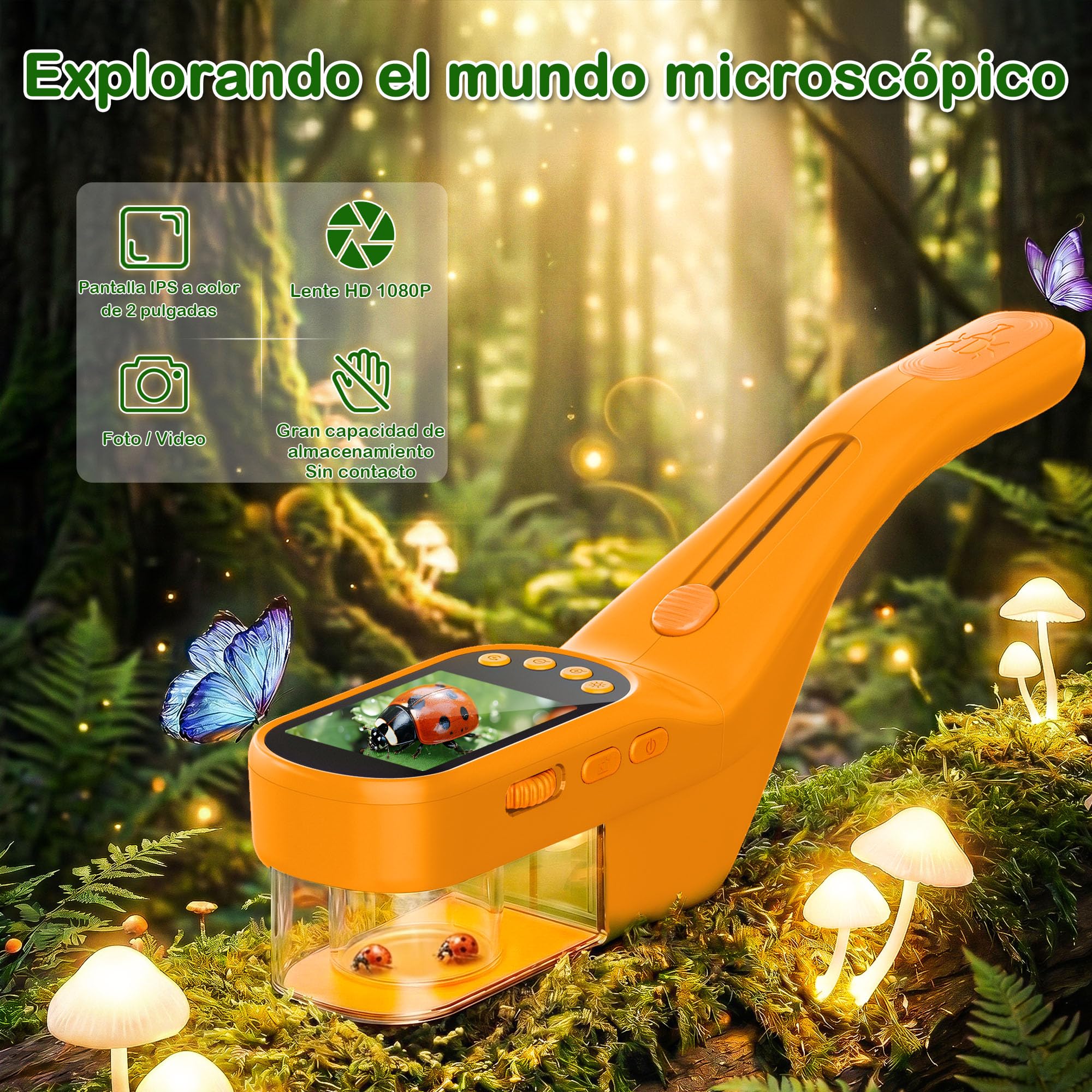 CIMELR Atrapa Insectos 2,4" HD microscopio – Juguete Naturaleza para niños | Atrapa insectos batería 1000mAh, 8 LED, cámara 1080P, proyección PC, kit STEM 3-12 años