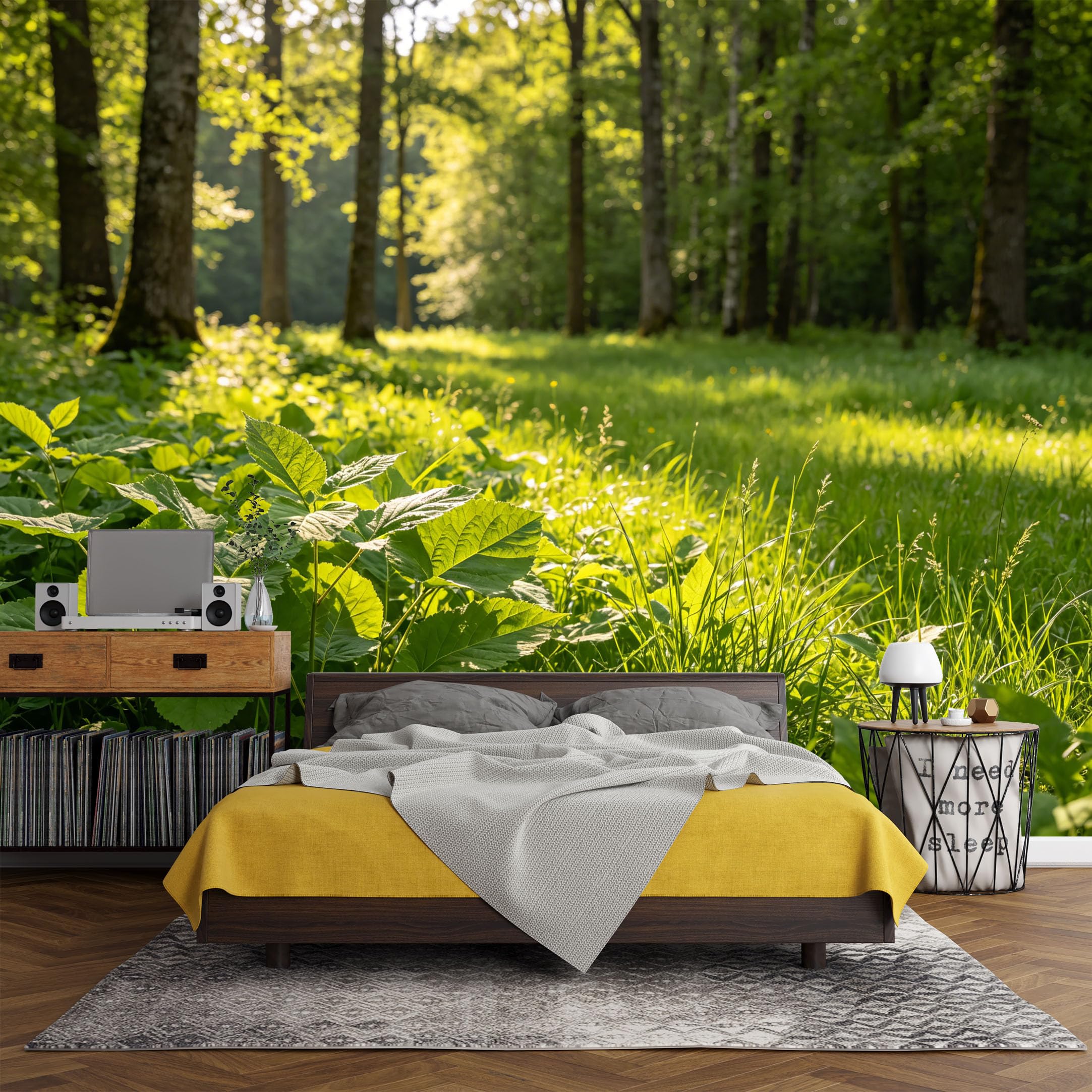 Custom Size Wall Mural， Forest Sunlight Green Leaves Woodland Meadow Landscape，SelfAdhesive Art Prints wall Fabric (No PVC) Removable Wallpaper Living Room Decor