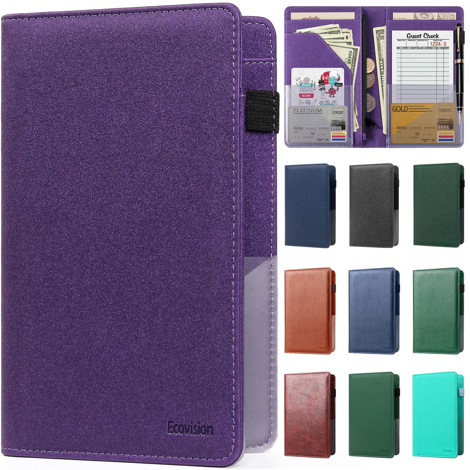 EcoVision Server Book for Waitress, Leather Waiter Organizer with Zipper Pocket, Restaurant Waitstaff Booklet, Guest Check Holder with Money Pocket,