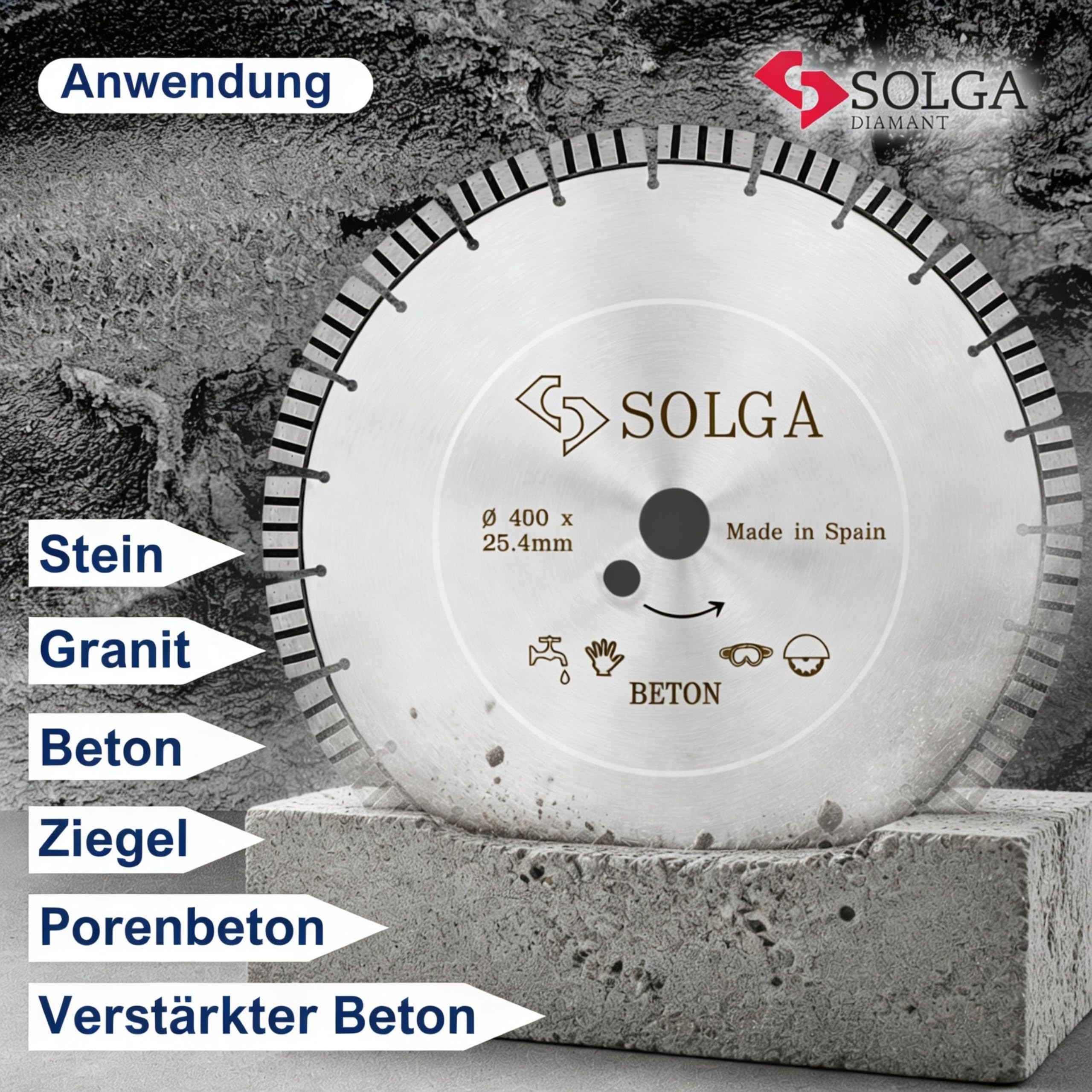 SOLGA Diamanttrennscheibe Turbo - 400mm - 25,4mm - 3,2mm - Beton, Stahlbeton, Asphalt, Ziegel, Stein, Porenbeton, Granit - Sägeblatt für Benzin Elektro Winkelschleifer
