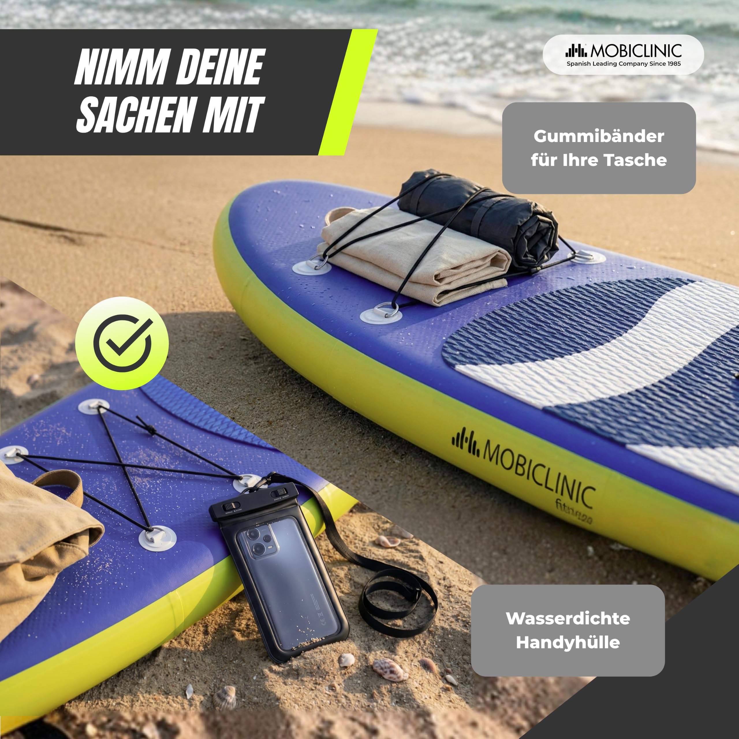 Mobiclinic®, Stand Up Paddling Board, Inklusive Pumpe, Flossen, Rucksack, Paddel, Handyhülle und Reparaturset, 315x78x15 cm, Faltbar, bis 150 kg, Für Kinder, Erwachsene und Haustiere