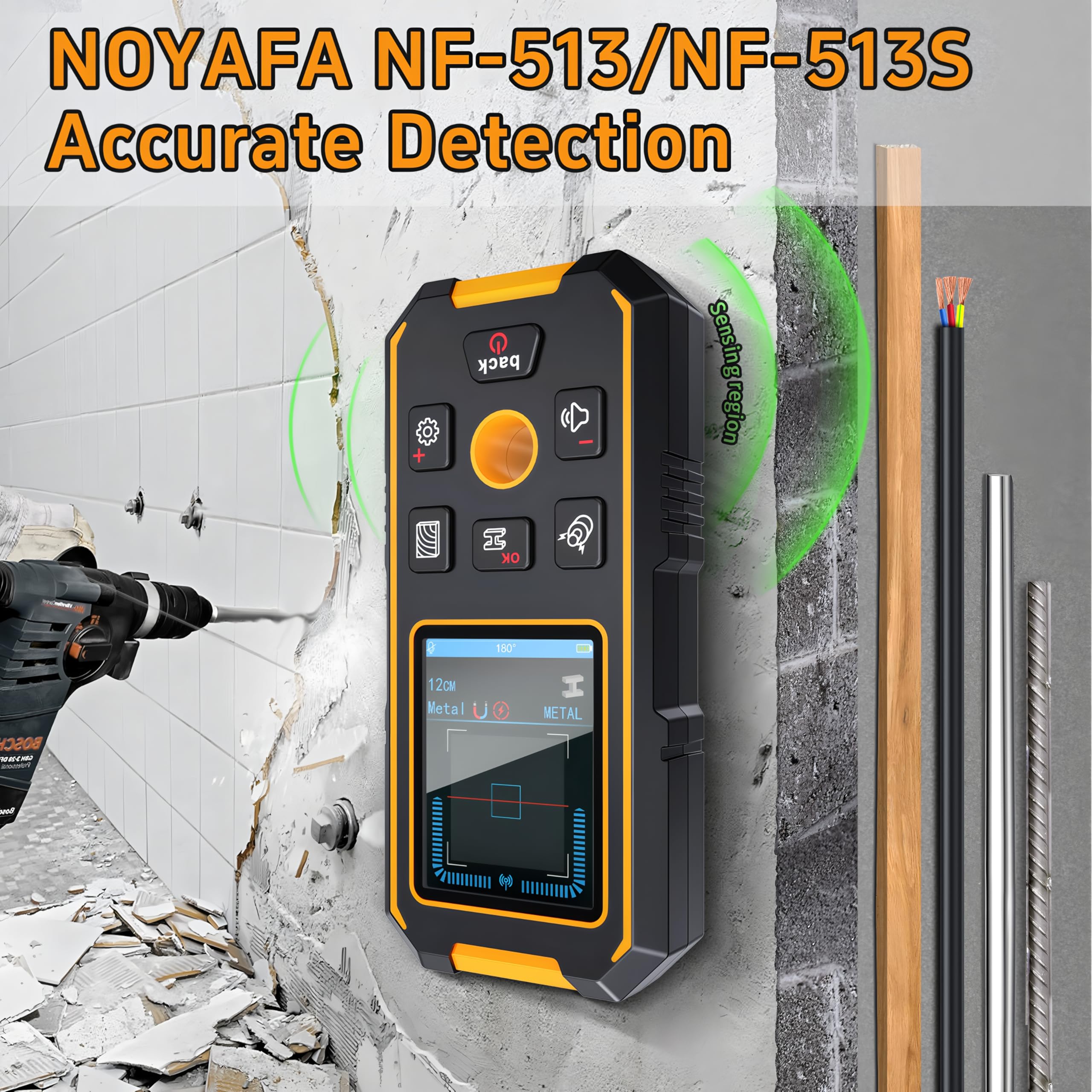 Détecteur Mural Multifonction Tout-en-Un NF-513/513S avec Mesure Laser de Distance - Précis, Durable et Ultra-Pratique (NF-513S avec télémètre Laser)