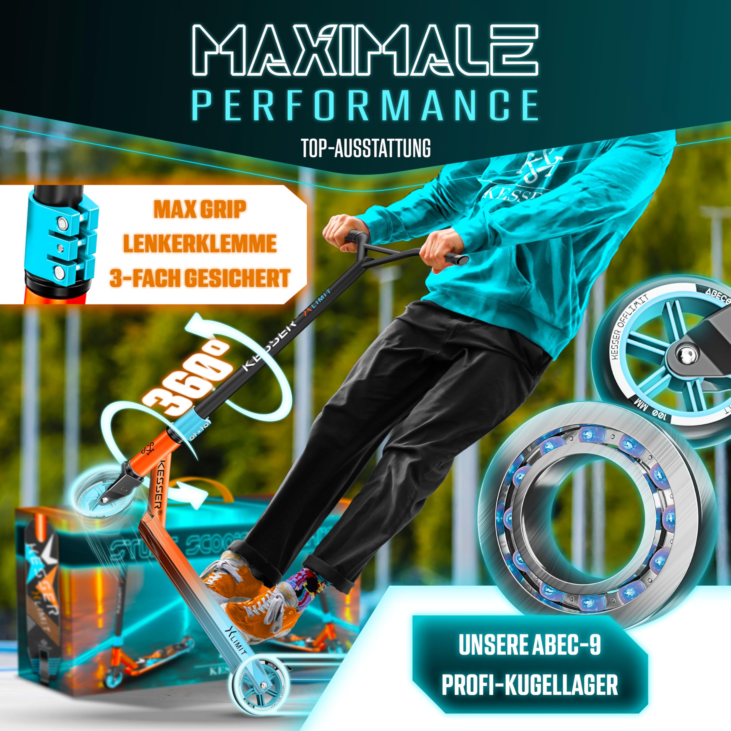 KESSER® Trottinette Freestyle | Trottinette Freestyle X-Limit | Direction à 360° | Roulements à Billes ABEC 9 de 100 mm | Roues en polyuréthane | Robuste | Rouge