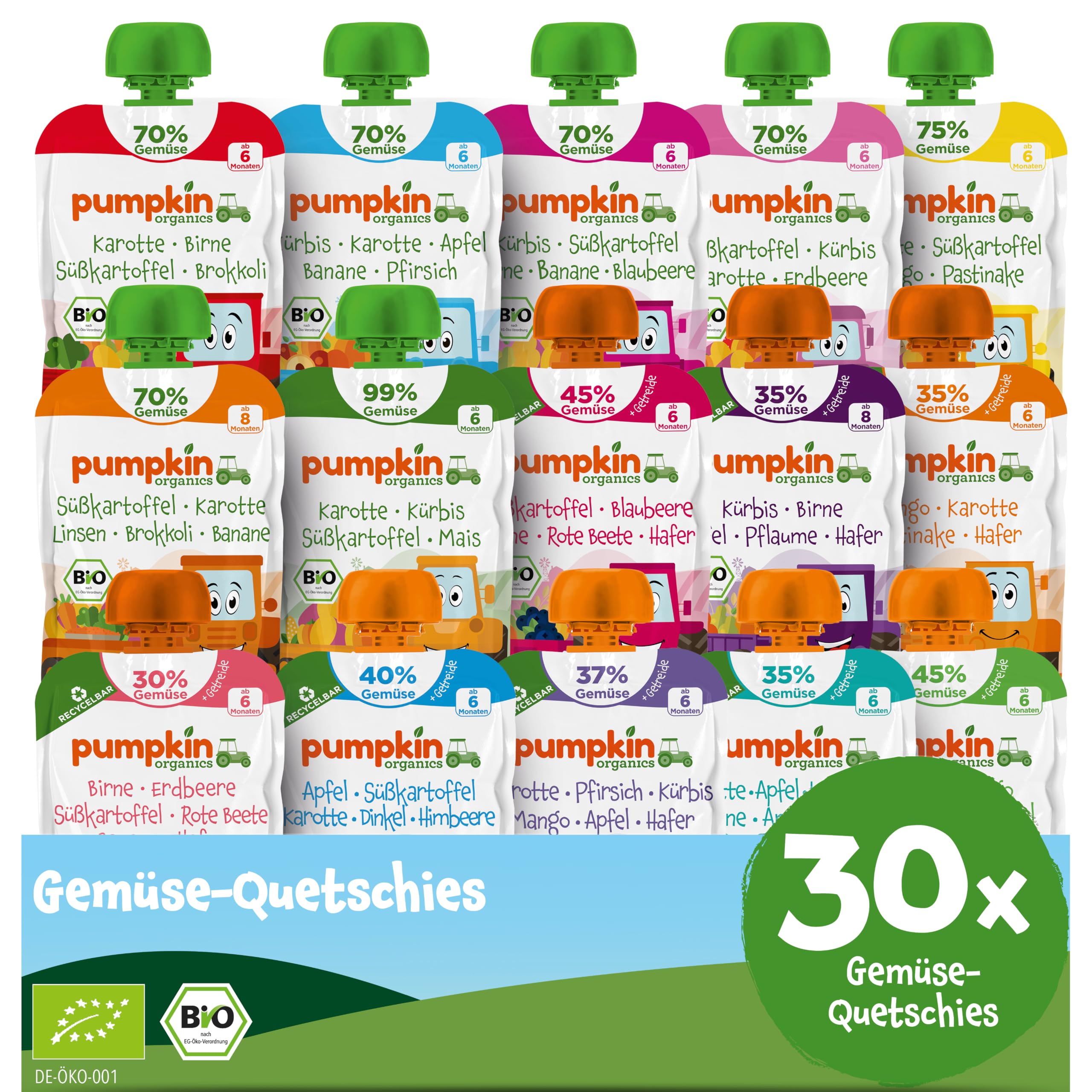 Pumpkin Organics Bio Gemüse-Quetschie Probierpaket - 30 Quetschbeutel mit 30-99% Gemüse - ab 6 Monaten - 100% Bio, ohne Zusatzstoffe - Beikostsnacks