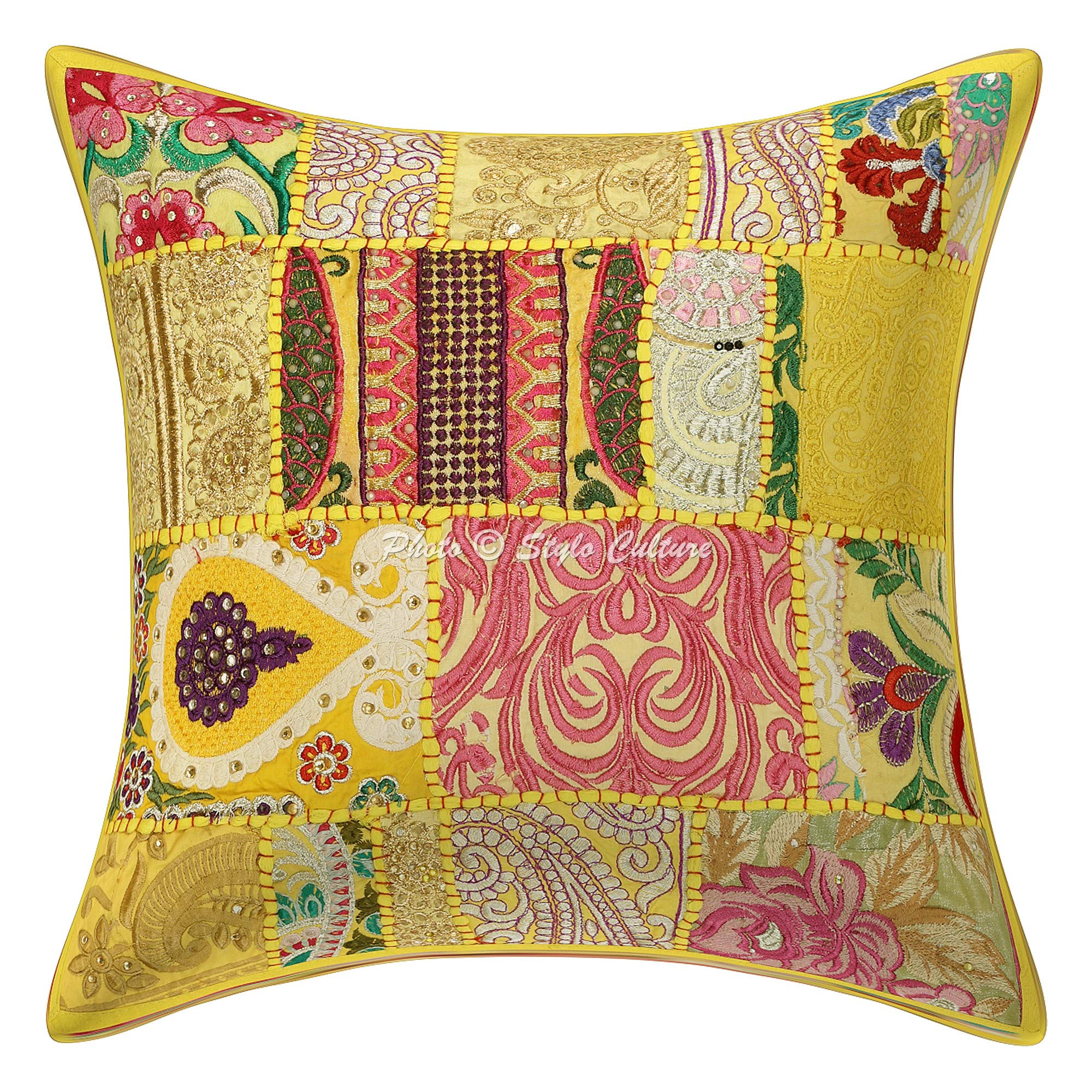 Indische Dekorativ Baumwolle Sofa Kissenbezüge 40x40 cm Zitronengelb Dekokissen Vintage Patchwork Wohnzimmer Couch Kissenhullen Blumen Quadrat Umschlagverschluss Kissen Bezüge - 5 STK.