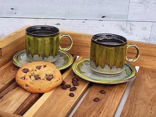 Miniatura 4 de Spark In Life - Tazas de café espresso de cerámica pintadas a mano de color verde, 4 onzas, juego de 2 tazas de porcelana y 2 platillos (verde)