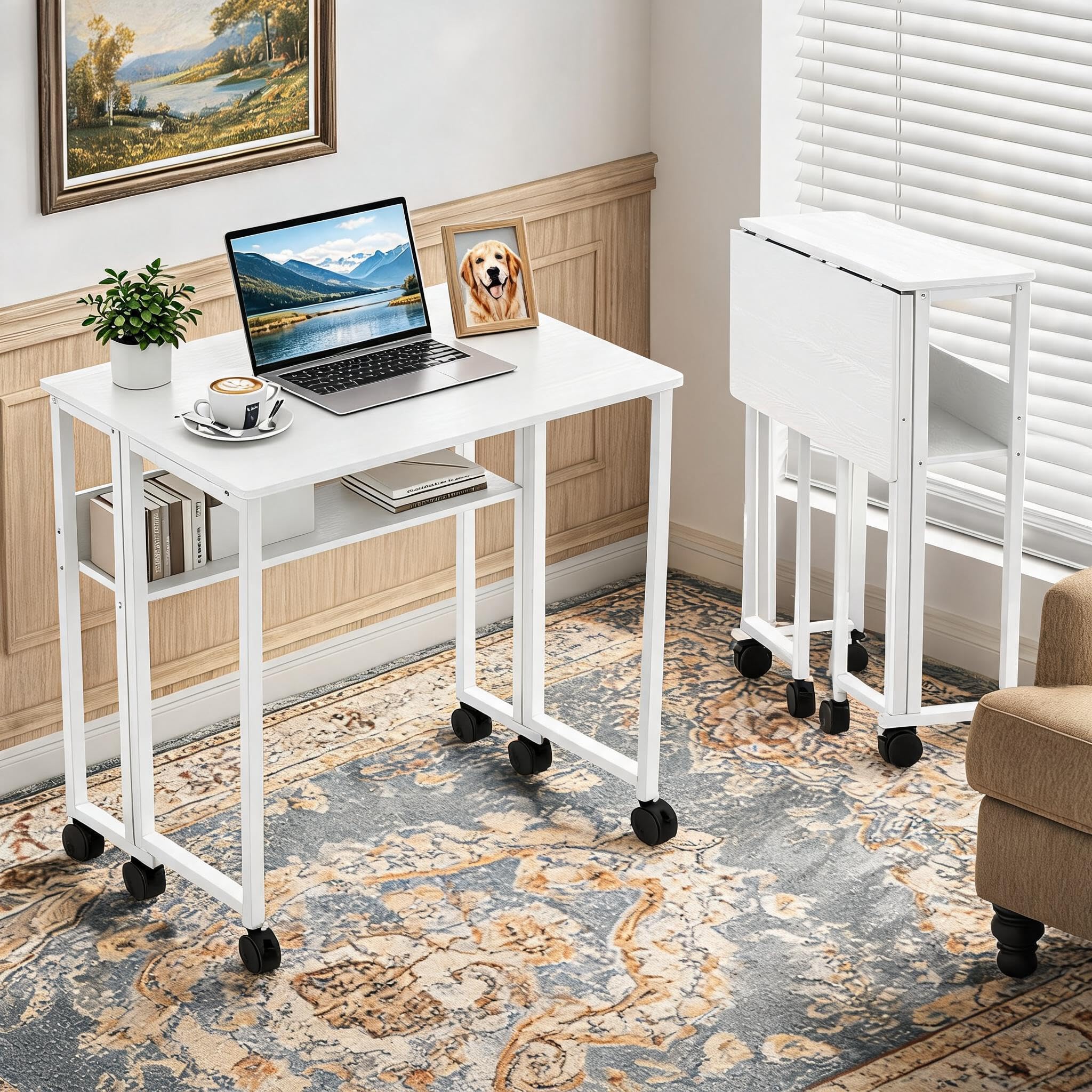 Aptliton Compact Rolling Desk with Storage Shelf, 24.8 Inch Foldable Computer Table on Wheels, Mobile Workstation for Small Spaces, Home Office & Study, Space Saving Portable Design