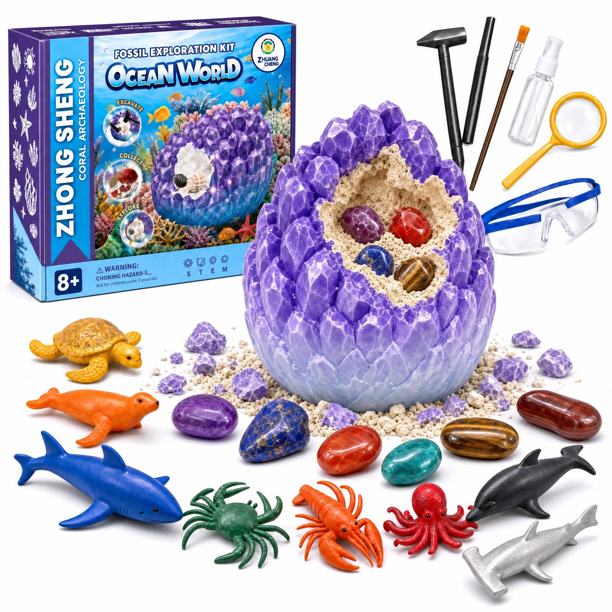Ocean Fossil Dig Kit-Dig Up 16 Real Gems with Real Gems & Sea Creatures, Educational STEM Science Kits, Gems Digging & Excavation Toy for Boys Girls