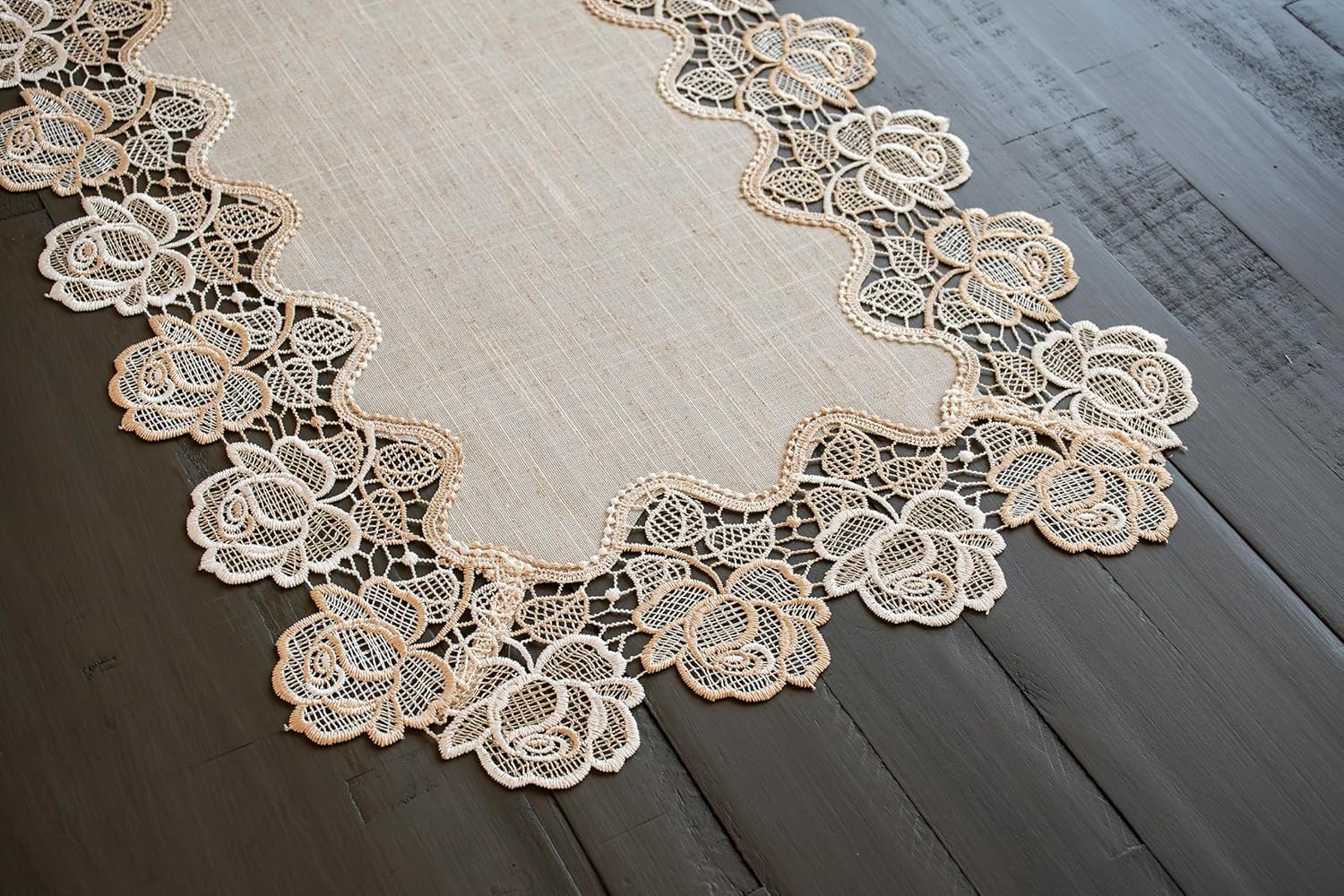 Beige Rose Lace Table Runner, Dresser Scarf, Vitage Charm (15Wx35L)