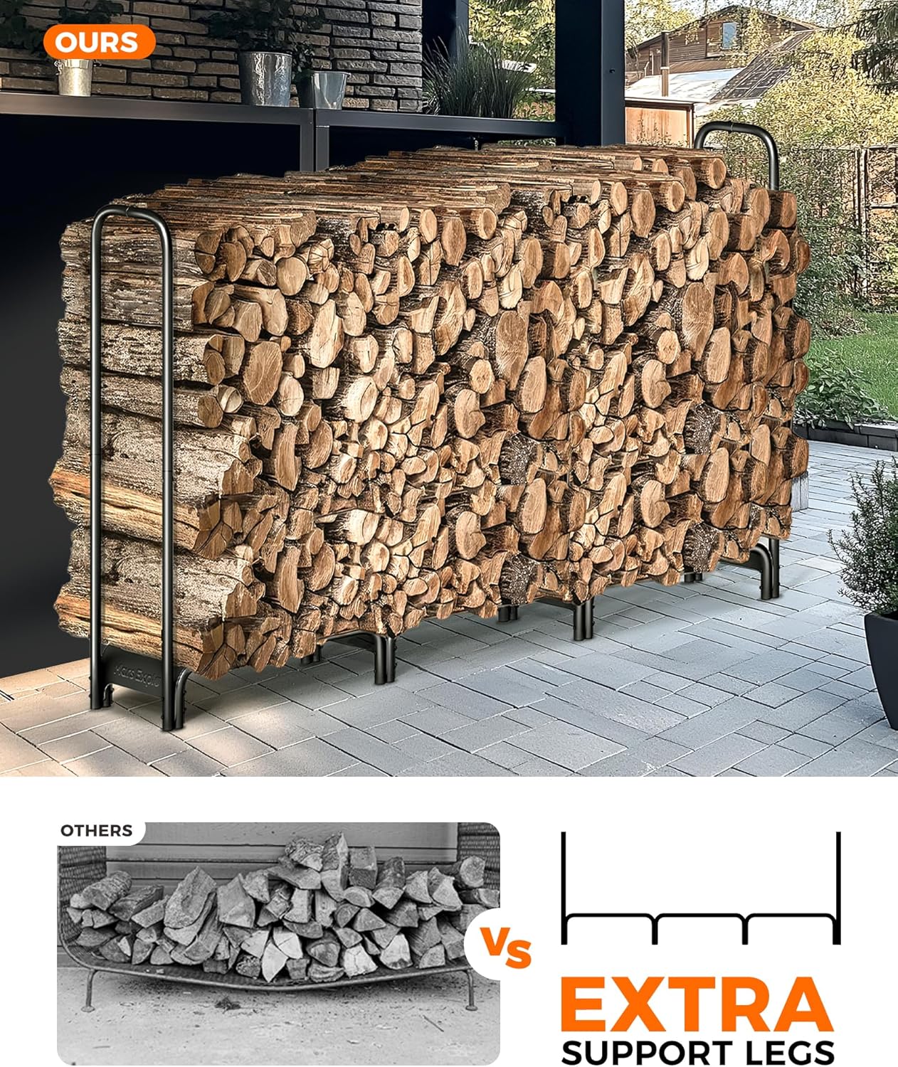 Firewood Rack 6ft, Heavy Duty Fire Wood Storage Racks for Indoor & Outdoor, Metal Log Holders for Firewood，Fireplace Wood Pile Storage Stacker Organizer, Black